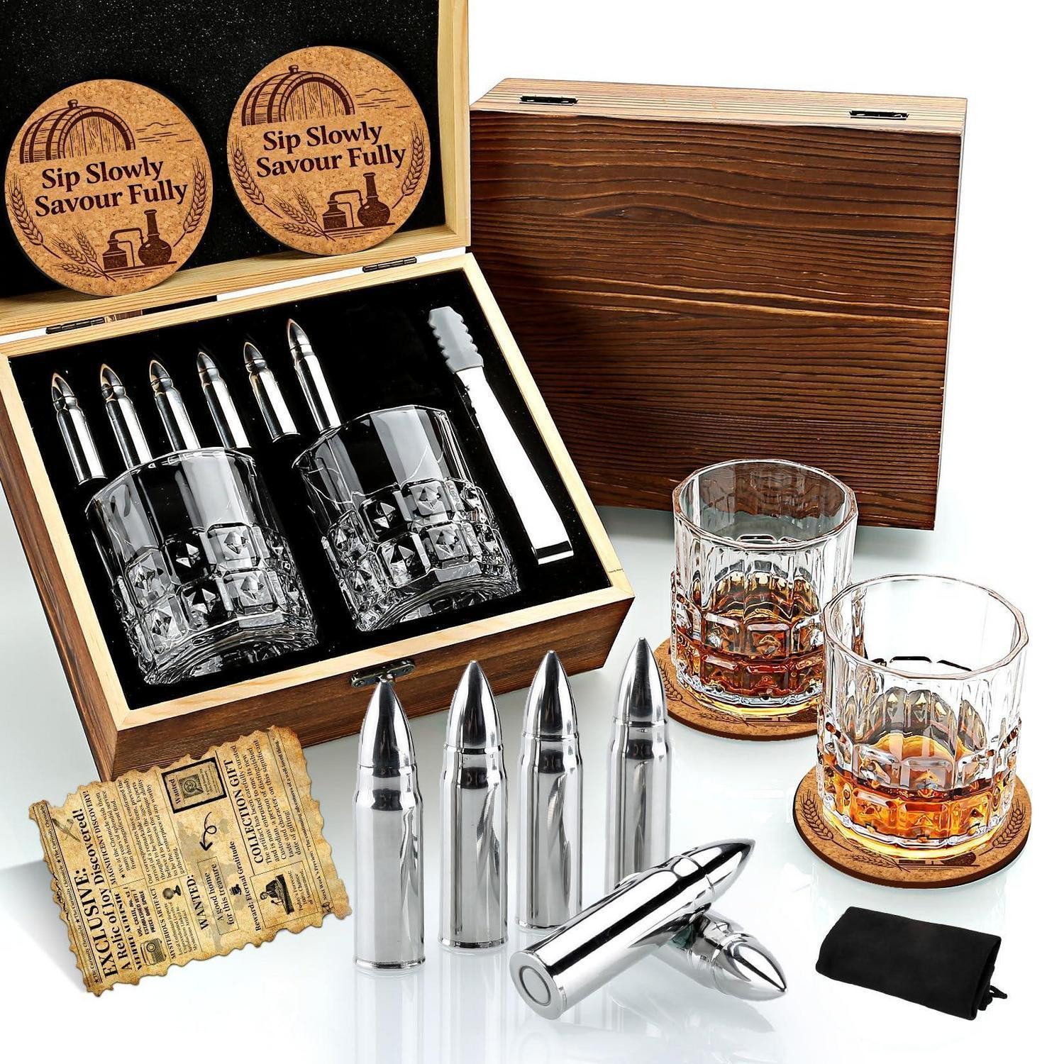 LuxusKollektion Holzkiste Whisky Geschenkset Holzbox mit Gläsern & Steinen