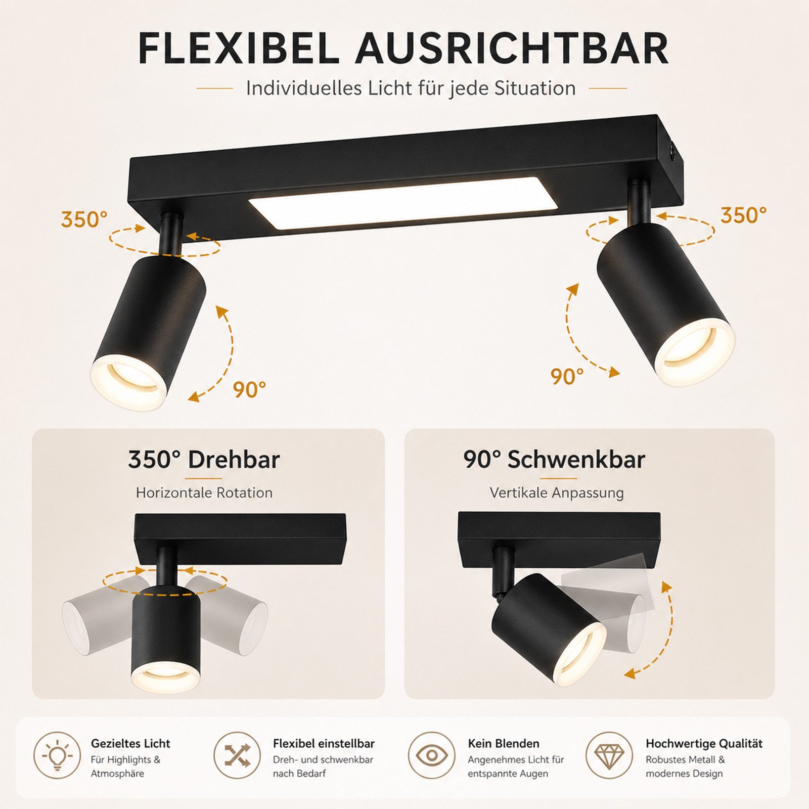 Nettlife Deckenstrahler 1/2/3/4 Flammig GU10 Modern Schwarze Deckenlampe Schwenkbar 350°, LED wechselbar, Warmweiß, Schwenkbar Flurlampe Metall für Schlafzimmer – Bild 4 von 5