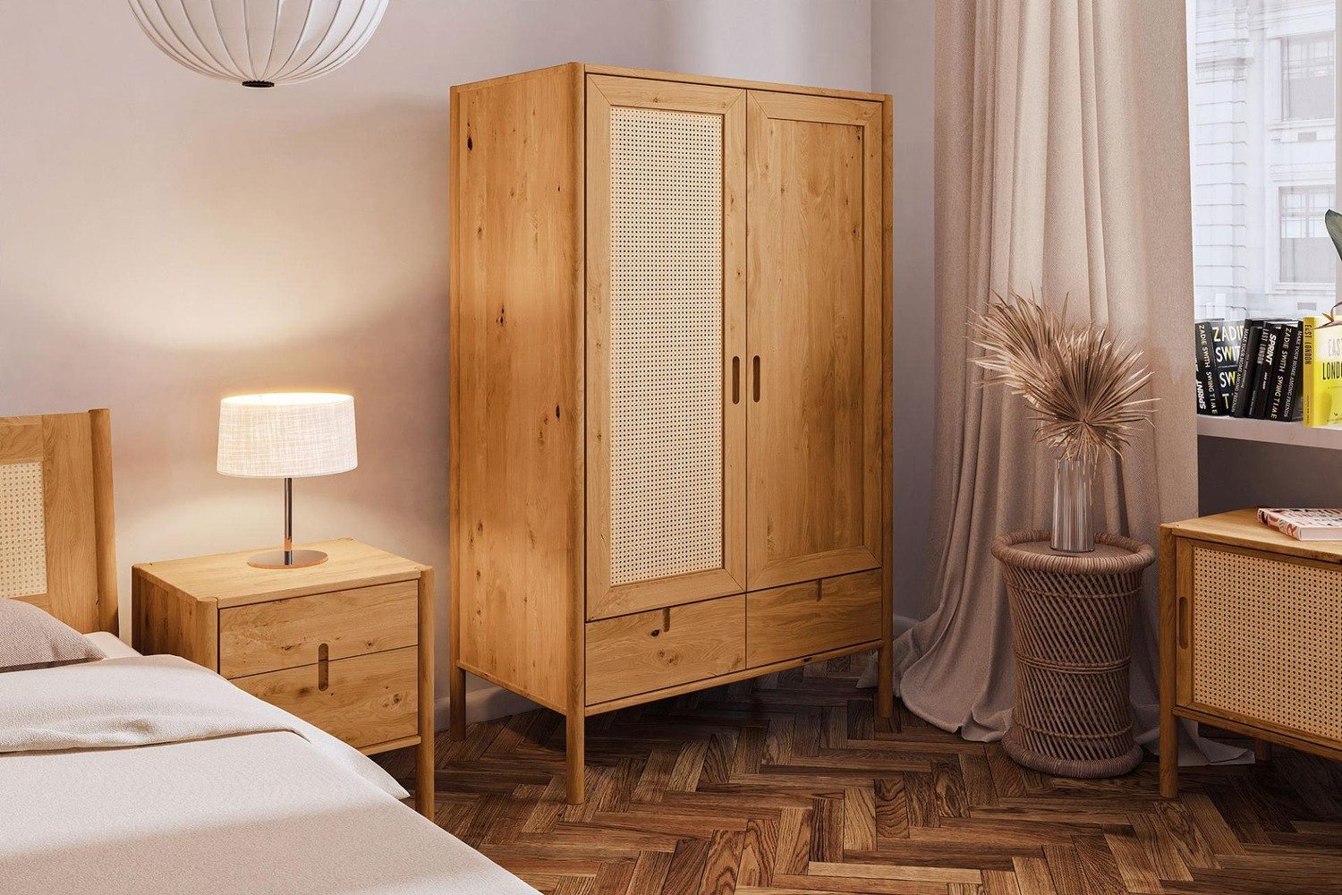 Natur24 Kleiderschrank Kleiderschrank Zola Wildeiche massiv mit Rattan 108x175 Schubladen