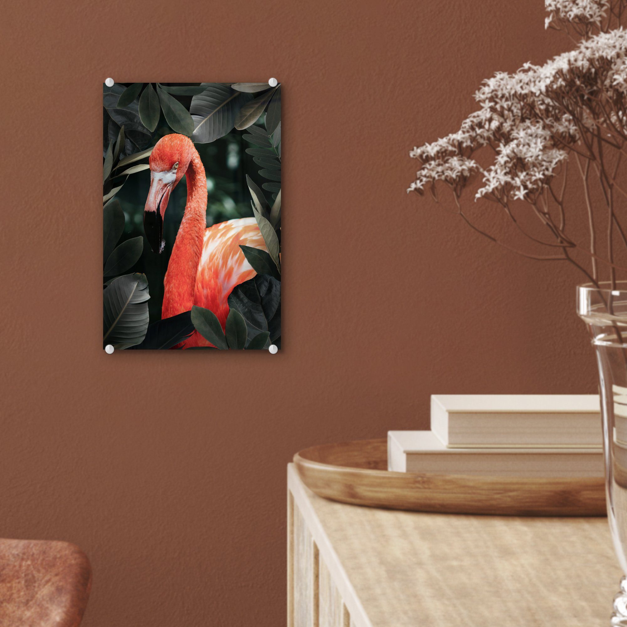 Flamingo Glas Glas - Blätter MuchoWow (1 auf Wanddekoration St), Acrylglasbild - Wandbild Glasbilder bunt - Grün, - - Bilder Foto auf
