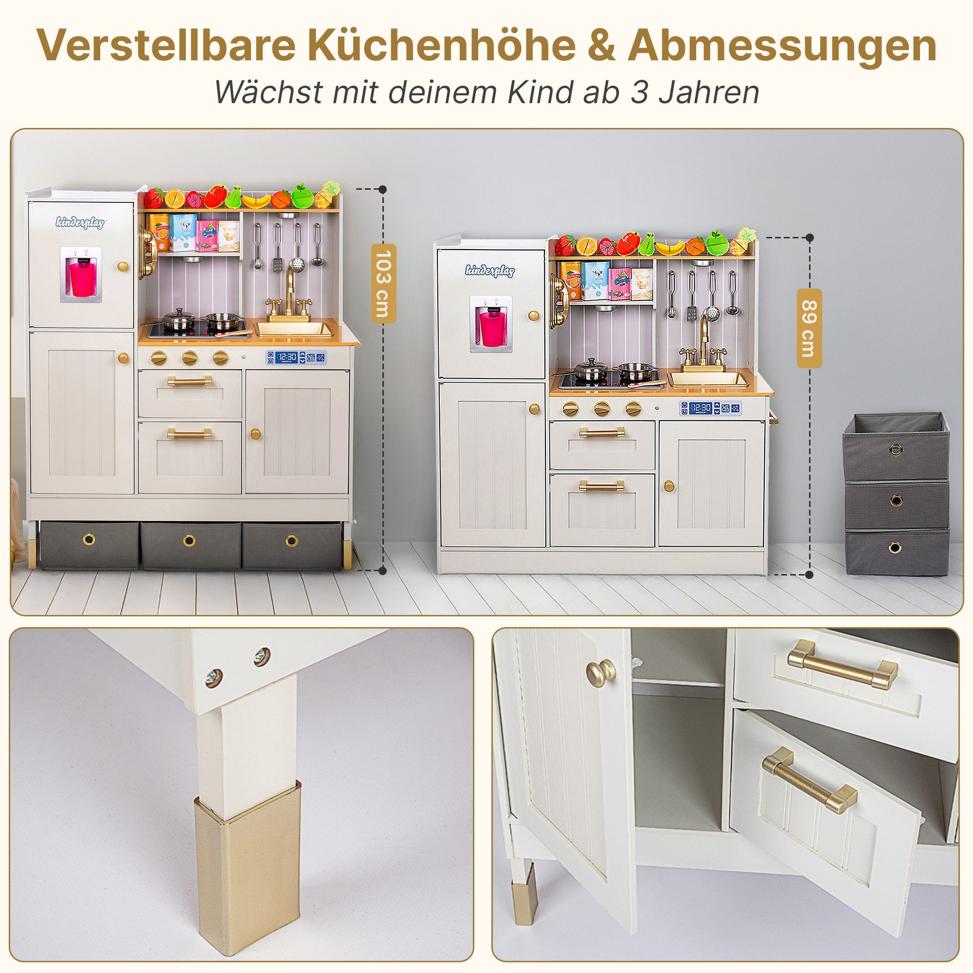 Green Series Spielküche Kinder Holzspielküche – LED & Sound – Verstellbare Höhe – Zubehör Holz, aus Holz