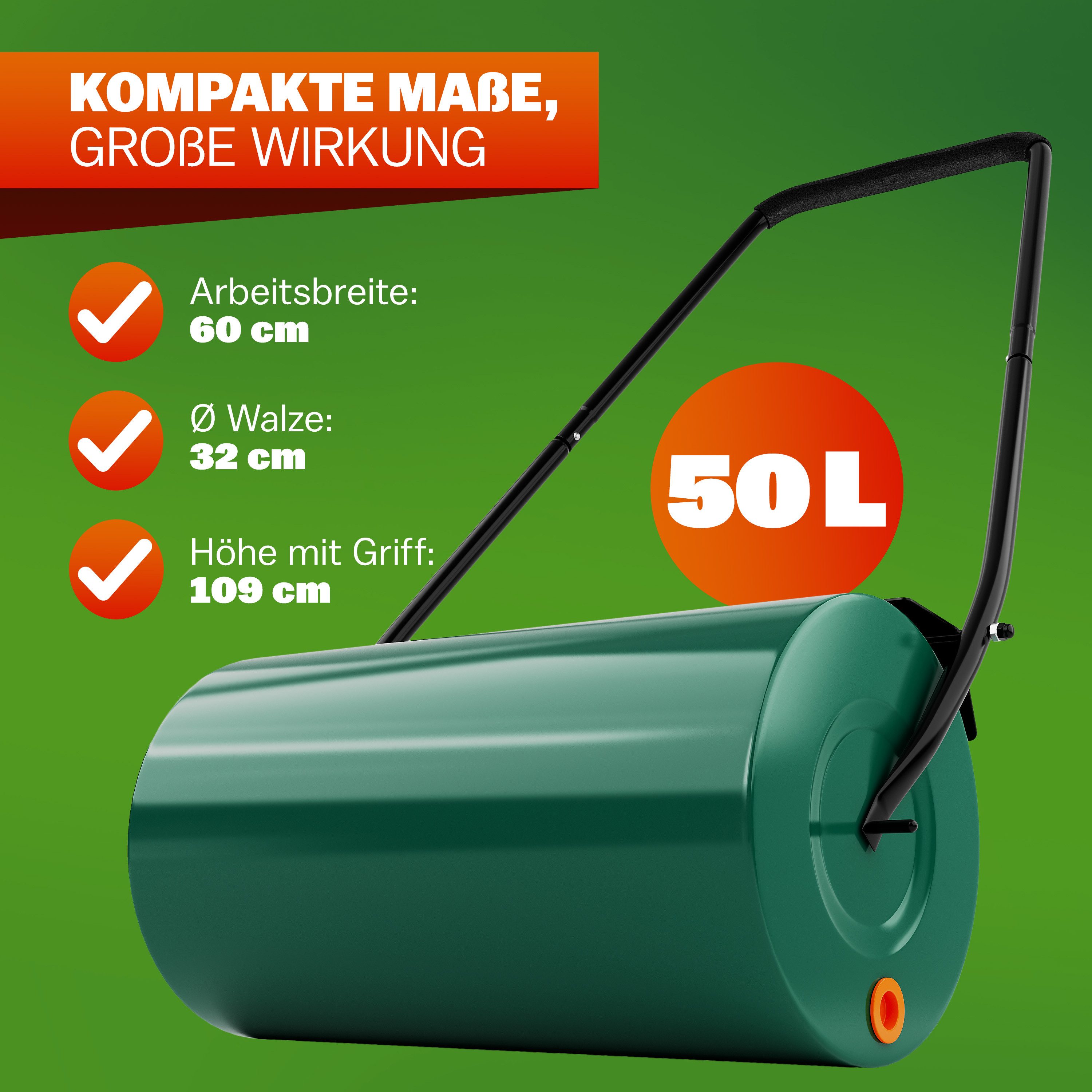 Gardebruk Rasenwalze,60cm 50L gepolsterter Griff befüllbar Handwalze Rasenroller Garten