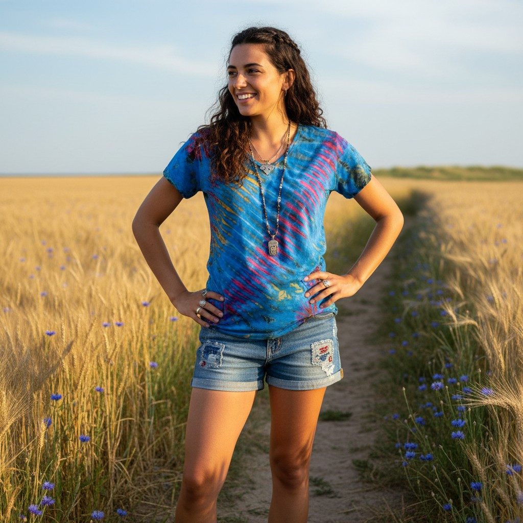 Guru-Shop T-Shirt Batik Hippie T-Shirt mit V-Auschnitt, Unikat.. Festival, Ethno Style, Hippie, alternative Bekleidung