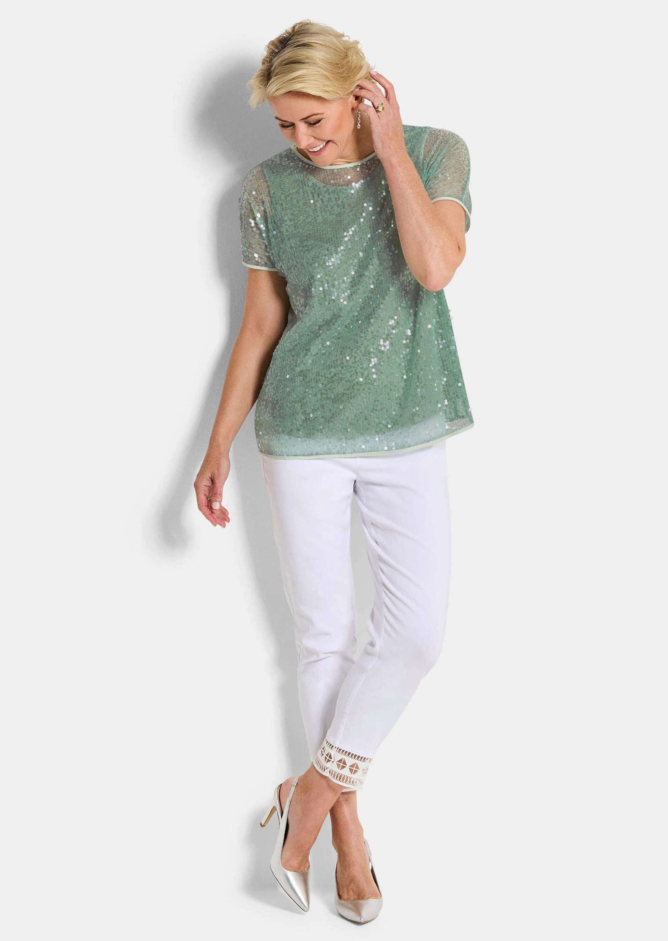 GOLDNER Klassische Bluse Schlupfbluse in schimmerndem Design Schlupfbluse mit U-Boot-Ausschnitt, Satinbändern und Kurzarm