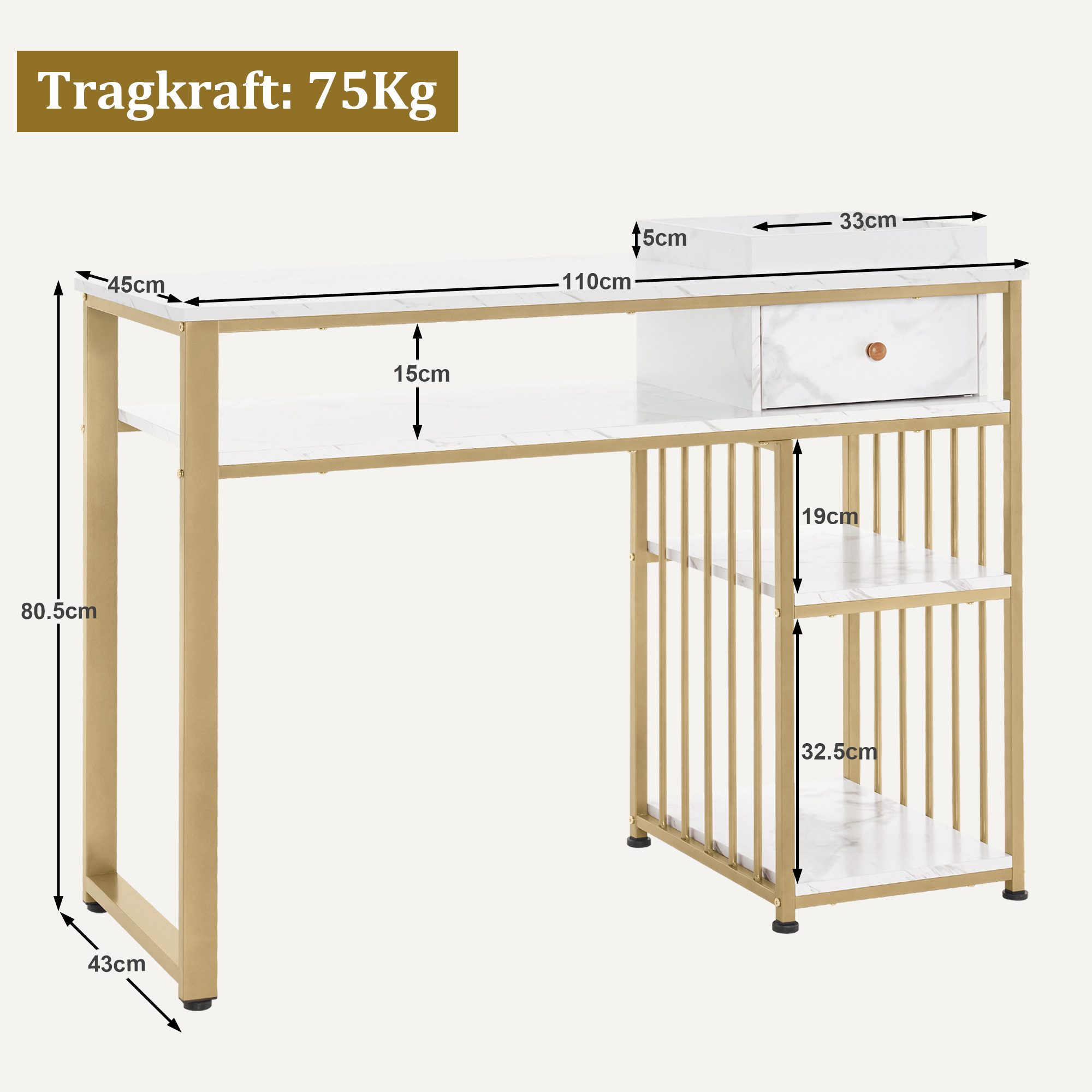 MCombo Schminktisch M MCombo Schreibtisch, Nageltisch mit Regal Marmor-Weiß Gold, 2498, 1Schublade, aus Holz Metallgestell