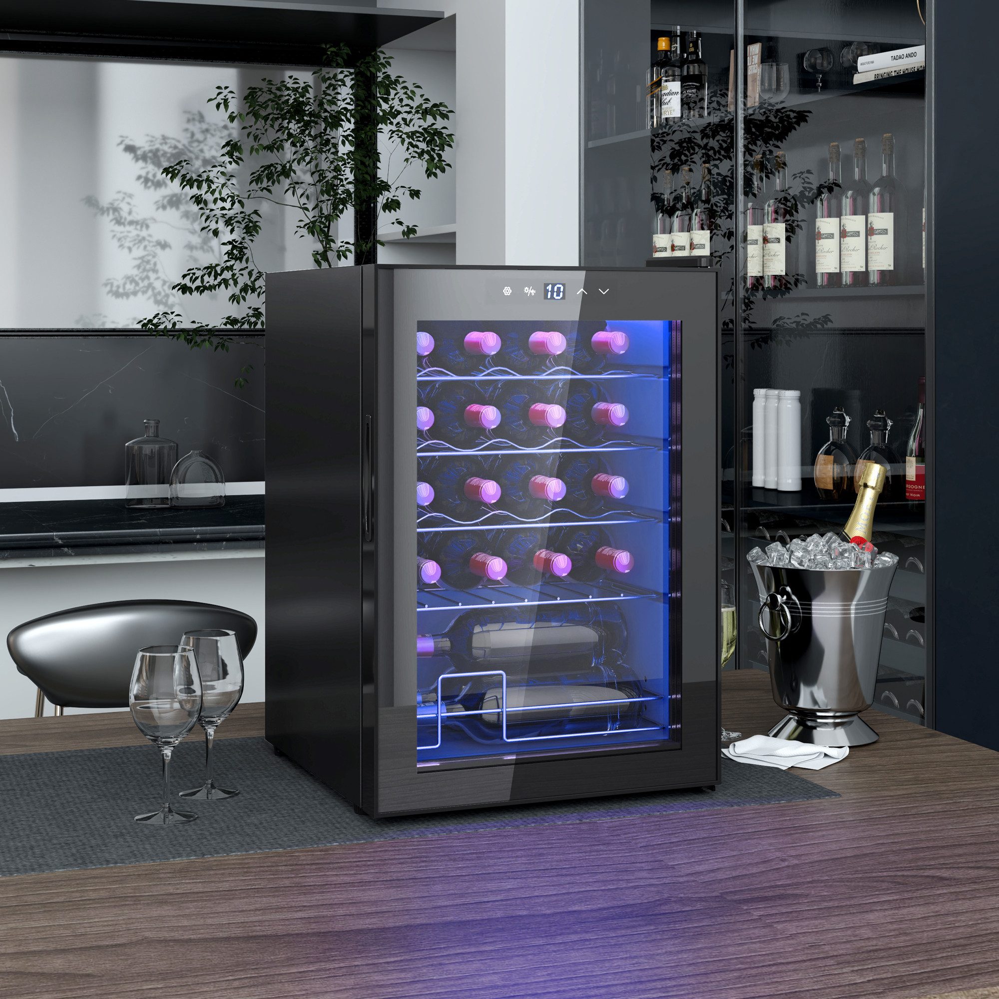 HOMCOM Weinkühlschrank Kompressor 20 Flaschen 5-18°C, Touchscreen, LED-Beleuchtung, für 20 Standardflaschen á 0,75l,mit Innenbeleuchtung, Schwarz