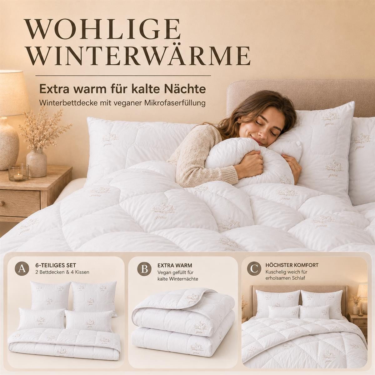SEI Design Microfaserbettdecke Bettset SWAN 6-tlg Winterdecke 2x 135x200 + Kissen 2x 80x80+ 2x 40x80, Füllung: daunenähnliches Gefühl, 80x80