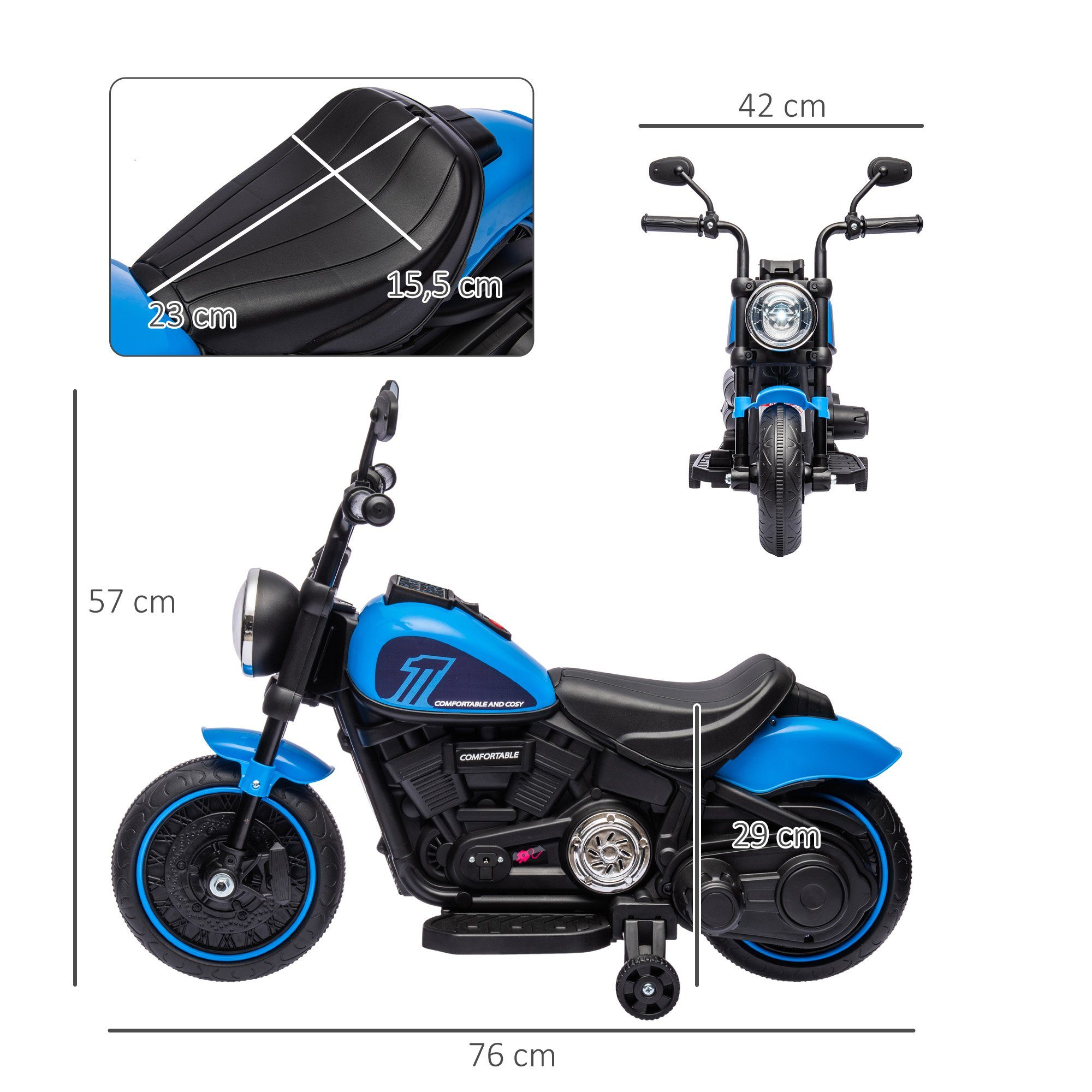 HOMCOM Elektro-Kindermotorrad Kinderfahrzeug mit 2 abnehmbaren Stützrädern Kunststoff Eisen Blau, Belastbarkeit 25 kg, (1-tlg), 76L x 42B x 57H cm