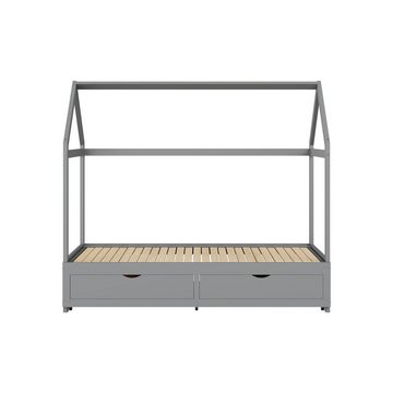 IDEASY Jugendbett Kinderbett, 90/180 x 190 cm, ausziehbar, mit 2 Schubladen, (Matratze, Tagesdecke und Kissen nicht im Lieferumfang enthalten), Dachdesign, weiß/grau, 22 cm über dem Boden