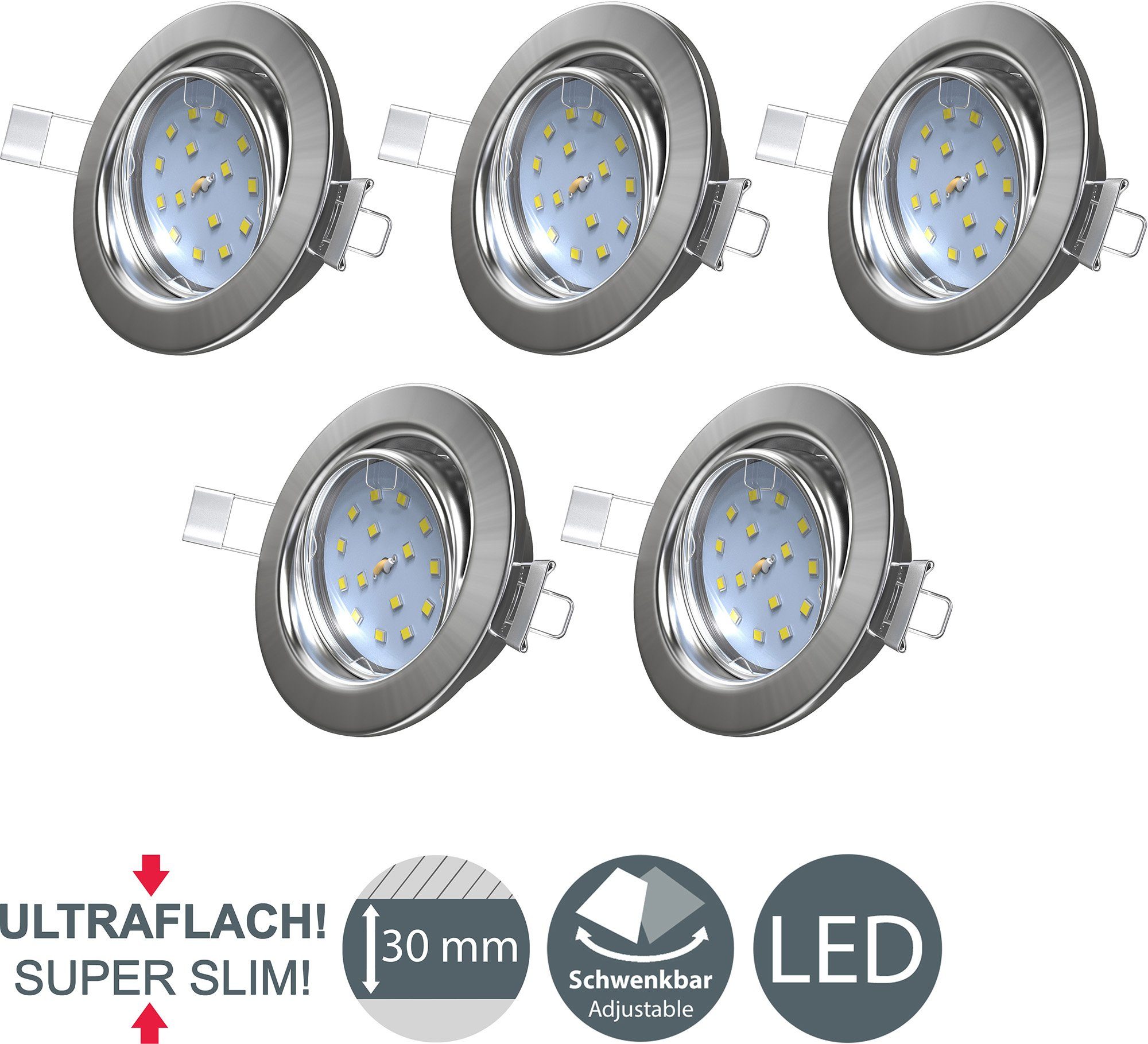 B.K.Licht LED 400LM 5W Warmweiß, LED ultra LED integriert, inkl. 3000K, flach, Einbauspots, schwenkbar Einbauleuchte, 5x fest