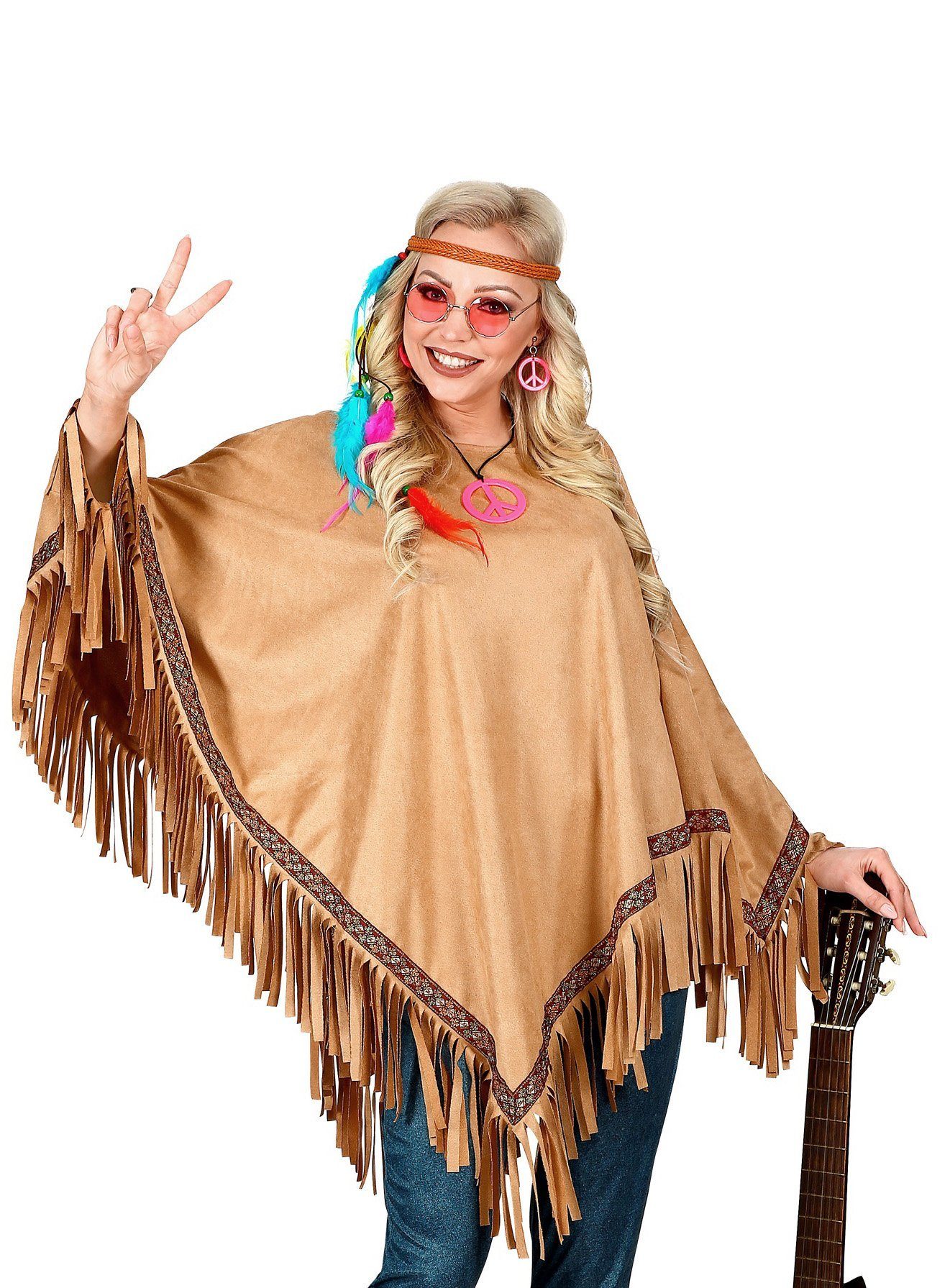 Fun World Hippie-Kostüm Hippie Poncho braun - Fasching Karnevalskostüme, Leichter Überwurf mit Fransen zur Kombination als Hippie