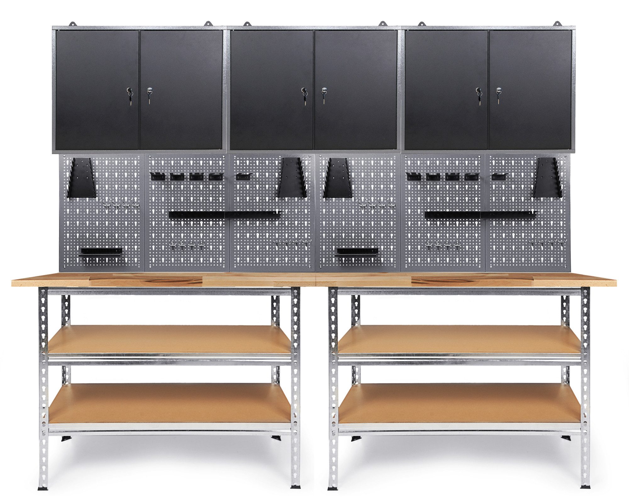 ONDIS24 Werkstatt-Set Werkbank 240 cm 2x Werkbank Metall 2x Lochwandset Werkzeugschrank, 28mm Arbeitsplatten, inkl. Lochwandhakenset