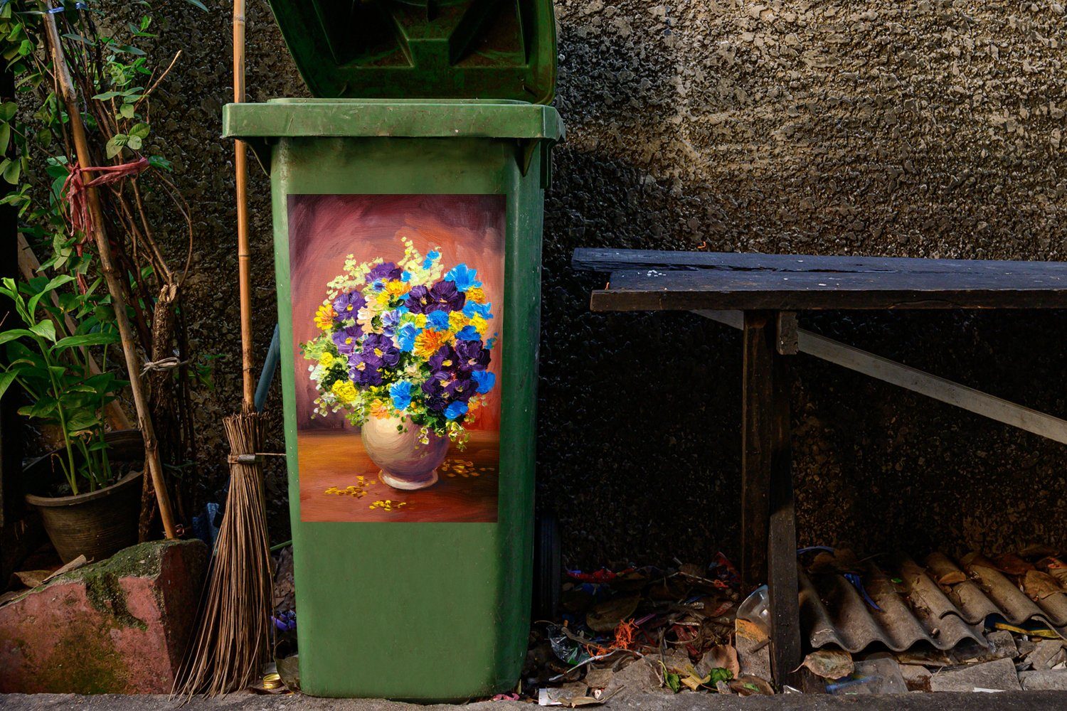 MuchoWow Wandsticker Blumenstrauß Frühling Ölfarbe Abfalbehälter Mülleimer-aufkleber, (1 St), Mülltonne, - Container, Sticker, 