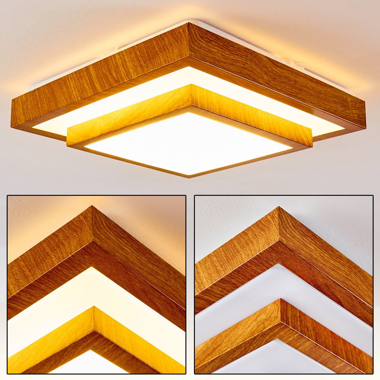 3000 Watt, eckige für das in 1380 hofstein Metall Deckenleuchte 18 Badezimmer Deckenlampe 44, auch Lumen, »Rosola« geeignet moderner Holz-Optik, IP Kelvin, aus