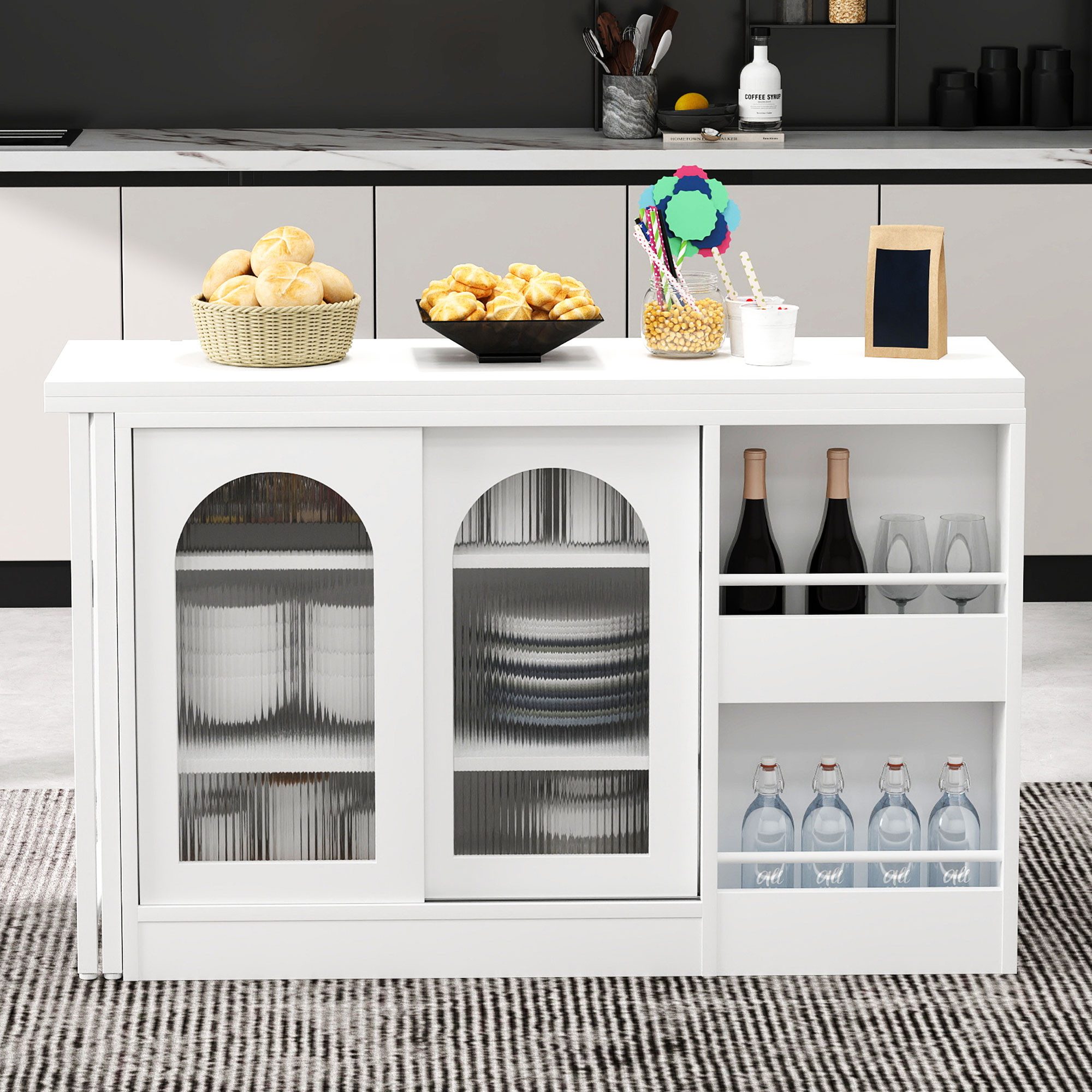 Flieks Sideboard mit 360° drehbar Tisch und verstellbarer Einlegeböden 2-in-1 (2 St., klappbare Tischplatte T40-80 cm), erweiterbarer Esstisch & Mehrzweckschrank mit Glasschiebetüren Weiß