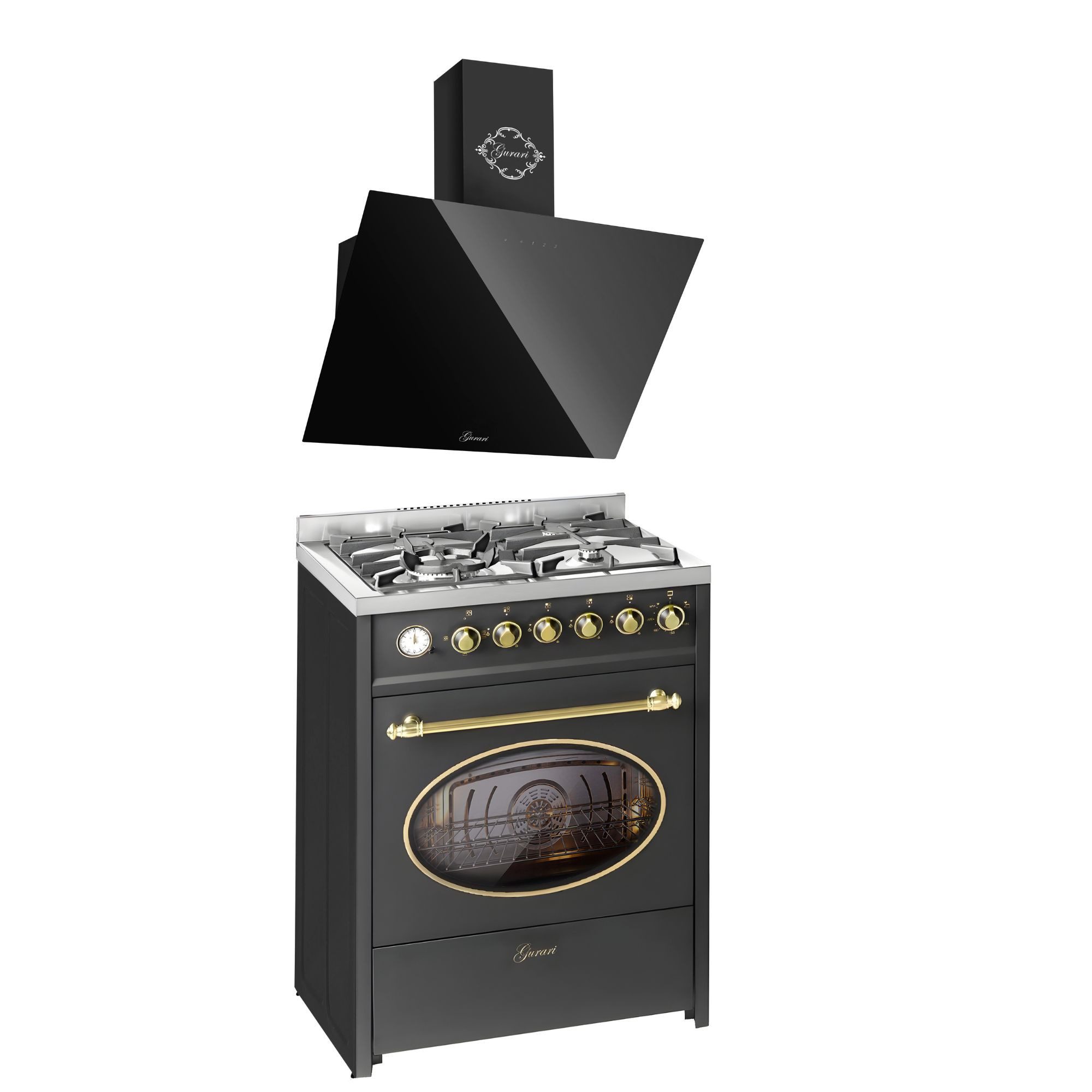 GURARI Gas-Standherd Retro Gas Elektro Standherd 60 cm Erdgas Fl.Gas 4 Kw WOK, 8 Funktionen+Dunstabzugshaube 60 cm E 614 BL r+GCH D 286 BL 6 PRIME N, mit 1-fach-Teleskopauszug