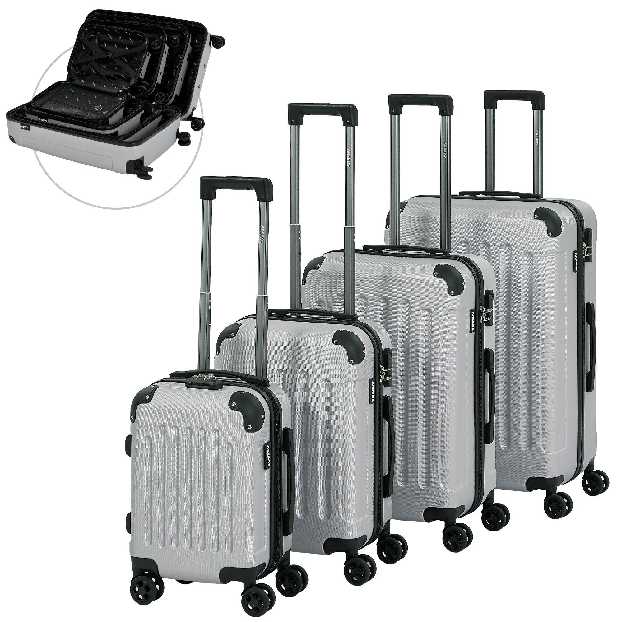 Arebos Kofferset Reisekoffer 4er Set Hartschalen Koffer Trolley S-M-L-XL-Set, 4 Rollen, (Set, Silber)