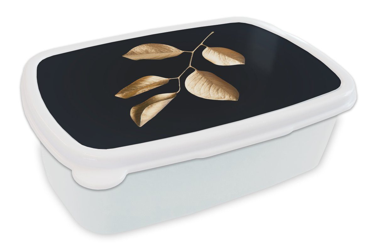 MuchoWow Lunchbox Blätter - Zweig - Gold - Luxus, Kunststoff, (2-tlg), Brotbox für Kinder und Erwachsene, Brotdose, für Jungs und Mädchen weiß