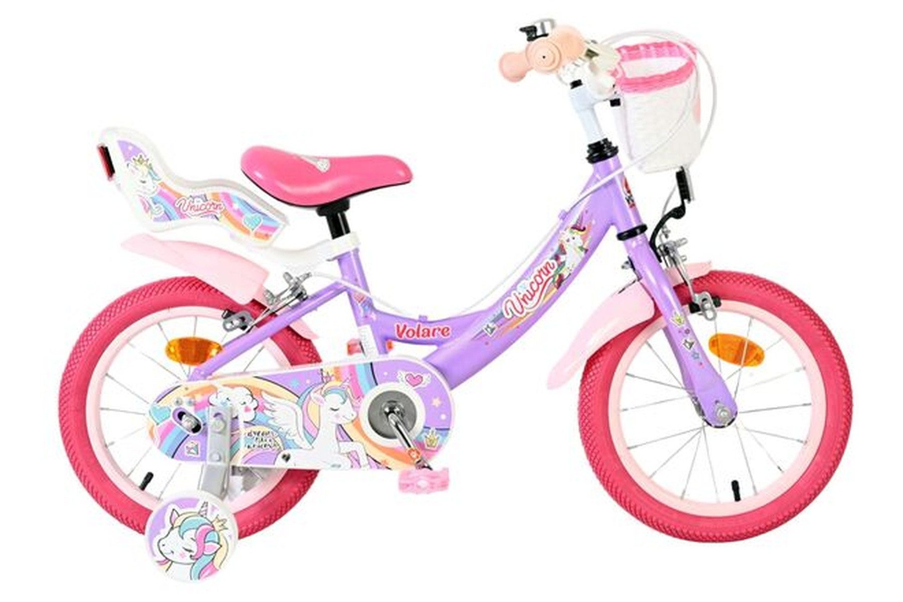 Kinderfahrrad Unicorn 14 Zoll Mädchen - Lila Einhorn-Design mit Regenbogenmotiven