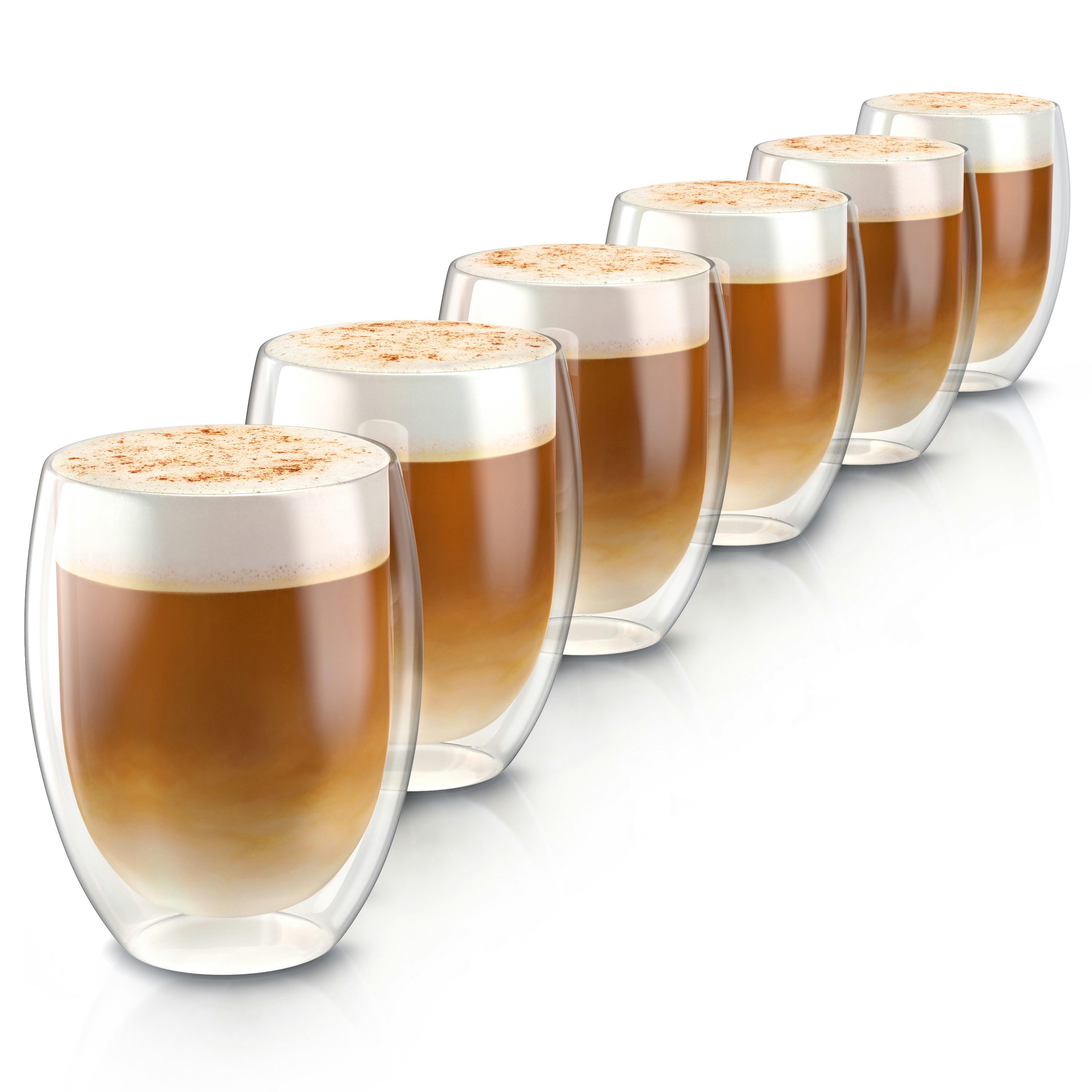 Arendo Gläser-Set doppelwandige Thermogläser, 350 ml Kaffeetasse, Trinkglas ohne Henkel, 6-tlg., Glas, für Latte Macchiato, Cappuccino, Tee, hitzebeständig spülmaschinenfest