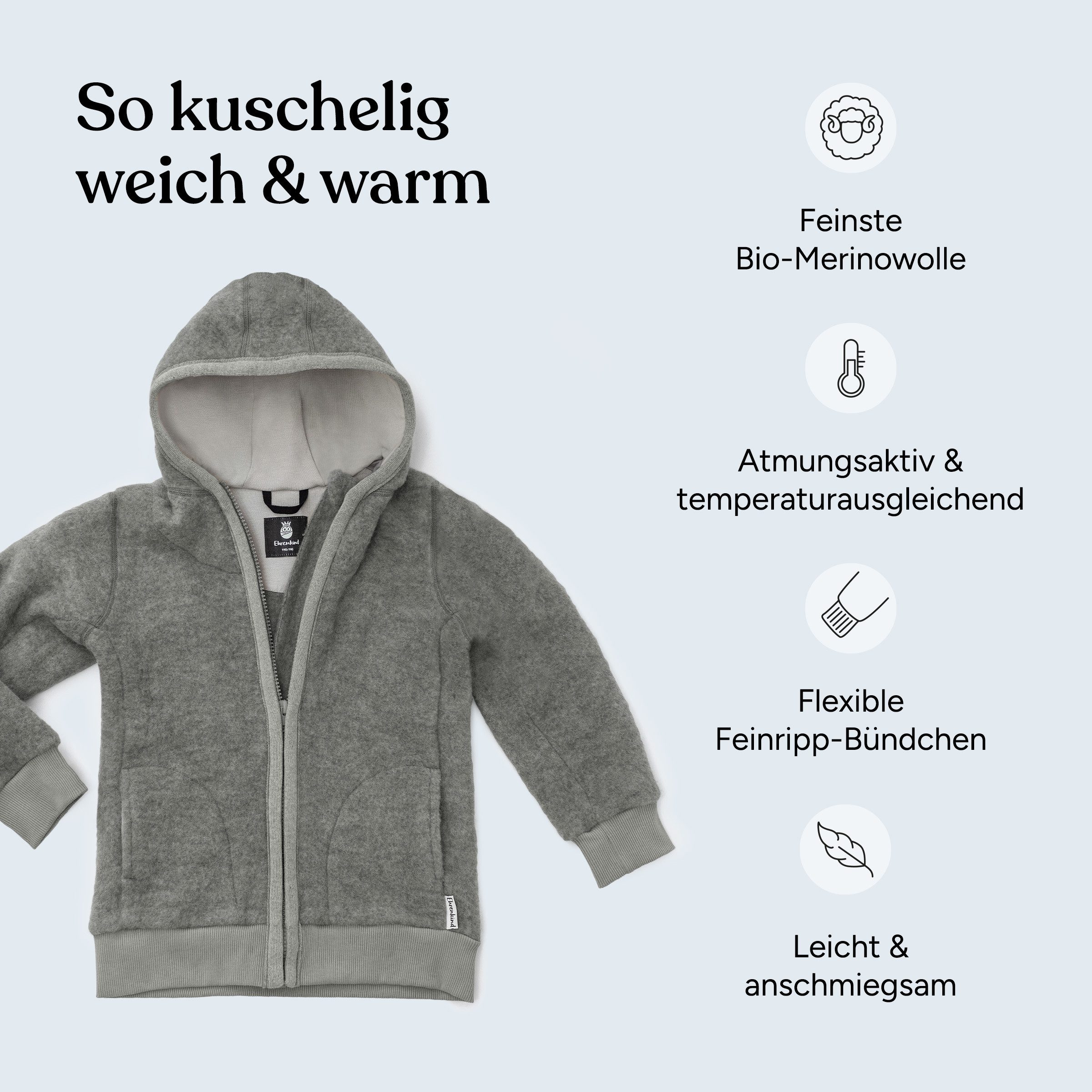 Ehrenkind Fleecejacke für Kinder aus feinster Bio-Merinowolle (Baby Jacke aus Merino Wollfleece, Fleecejacke Kinder) Atmungsaktiv & temperaturausgleichend, Wollfleece