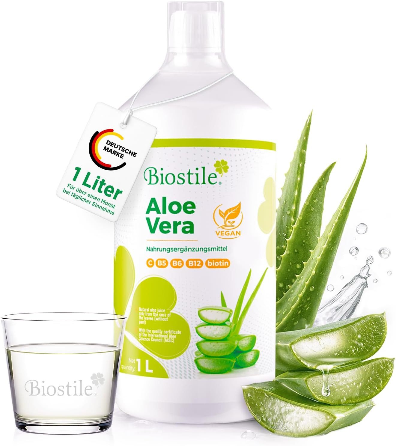 Biostile Aloe Vera mit Vitamin C und B-Vitaminen für Immunsystem, Natürlicher Saft, 1000 g, Aus frischem Blattgel handverlesener Aloe-Blätter, mit Biotin, 1 L