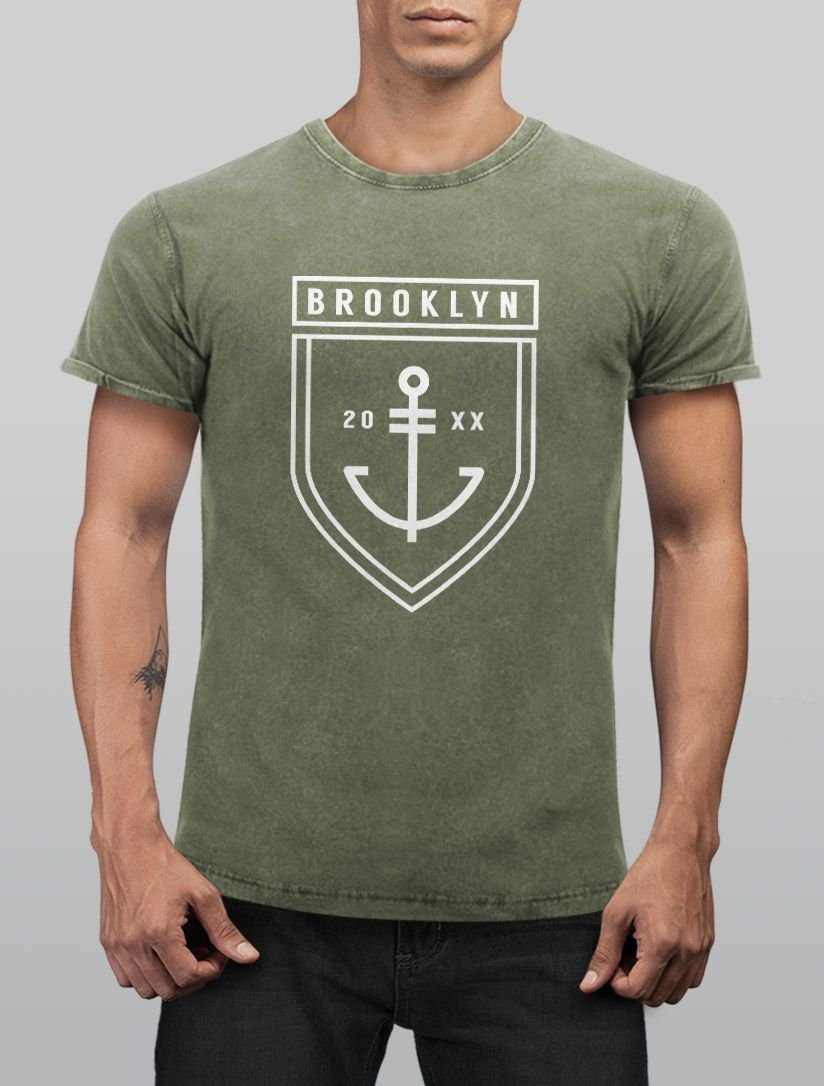 Neverless Print-Shirt Cooles Angesagtes Herren Used mit Fit Brooklyn Aufdruck Neverless® Vintage Look Shirt Print Anker T-Shirt oliv Slim
