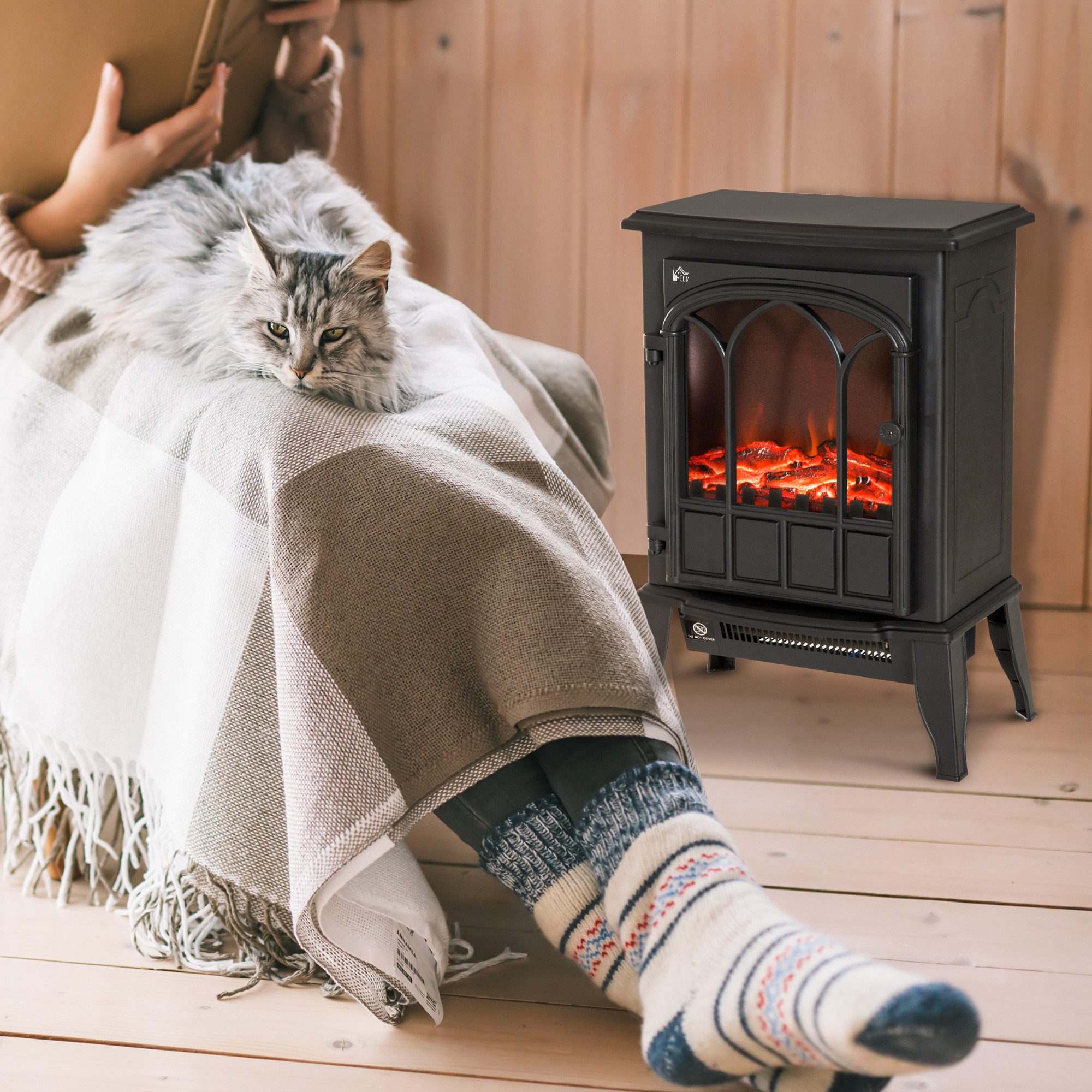 HOMCOM Elektrokamin Elektrischer Kamin mit LED Flammeneffekt, Kaminofen, Schwarz, Einstellbare Flammenhelligkeit