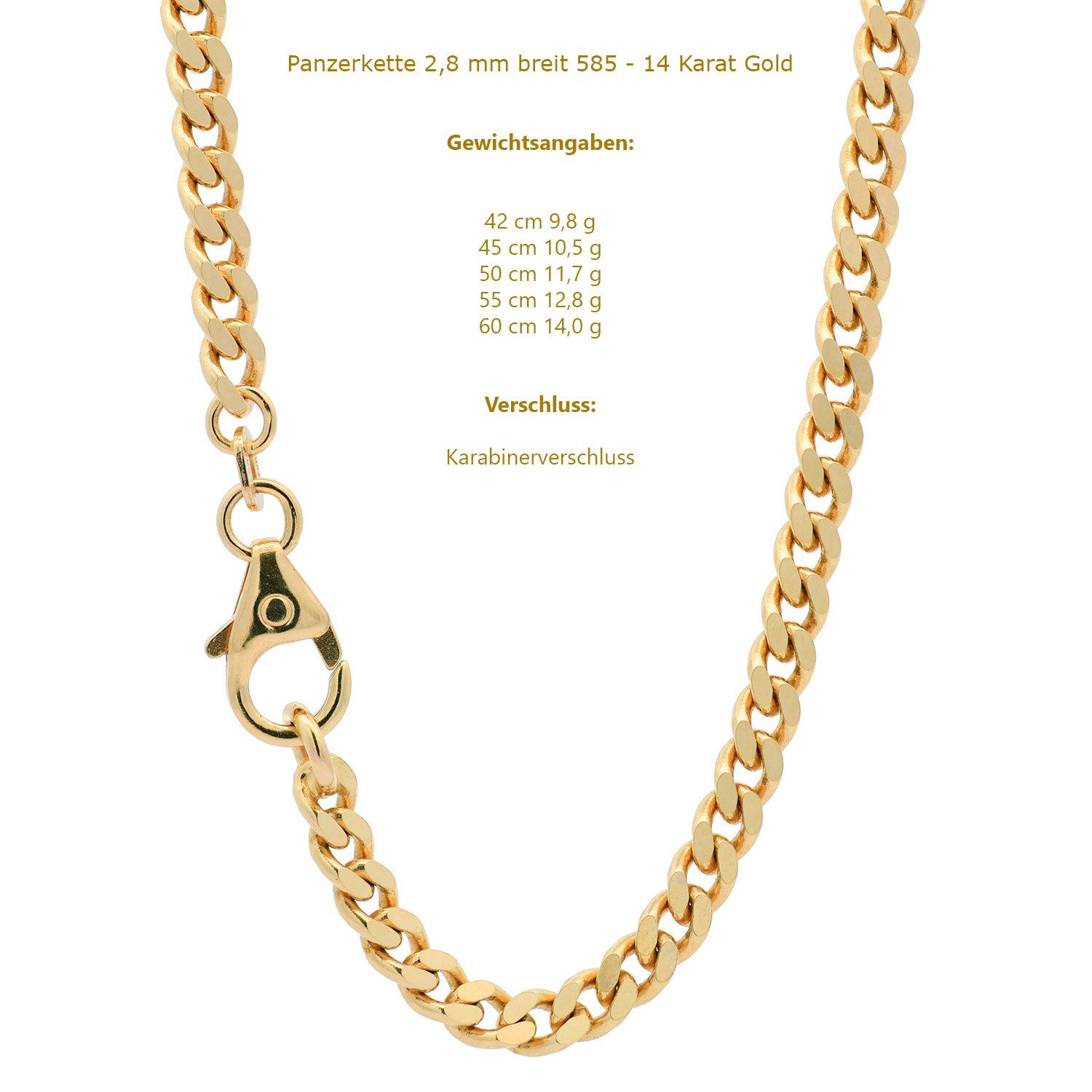 HOPLO Panzerkette Goldkette Panzerkette Halskette Breite 2,8 mm 42 cm 585-14 Karat Gold, Made in Germany – Bild 5 von 5