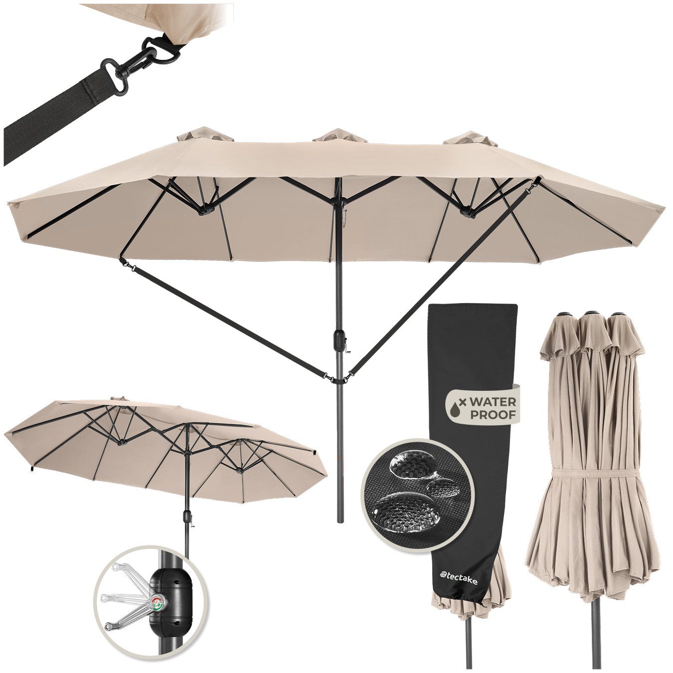 tectake Sonnenschirm Standschirm mit drei Winddächern, UV-Schutz 50+, 460 x 270 cm, Balkonschirm Silia, für Außen in Beige, stufenlos höhenverstellbar, Inkl. Windsicherung und Schutzhülle