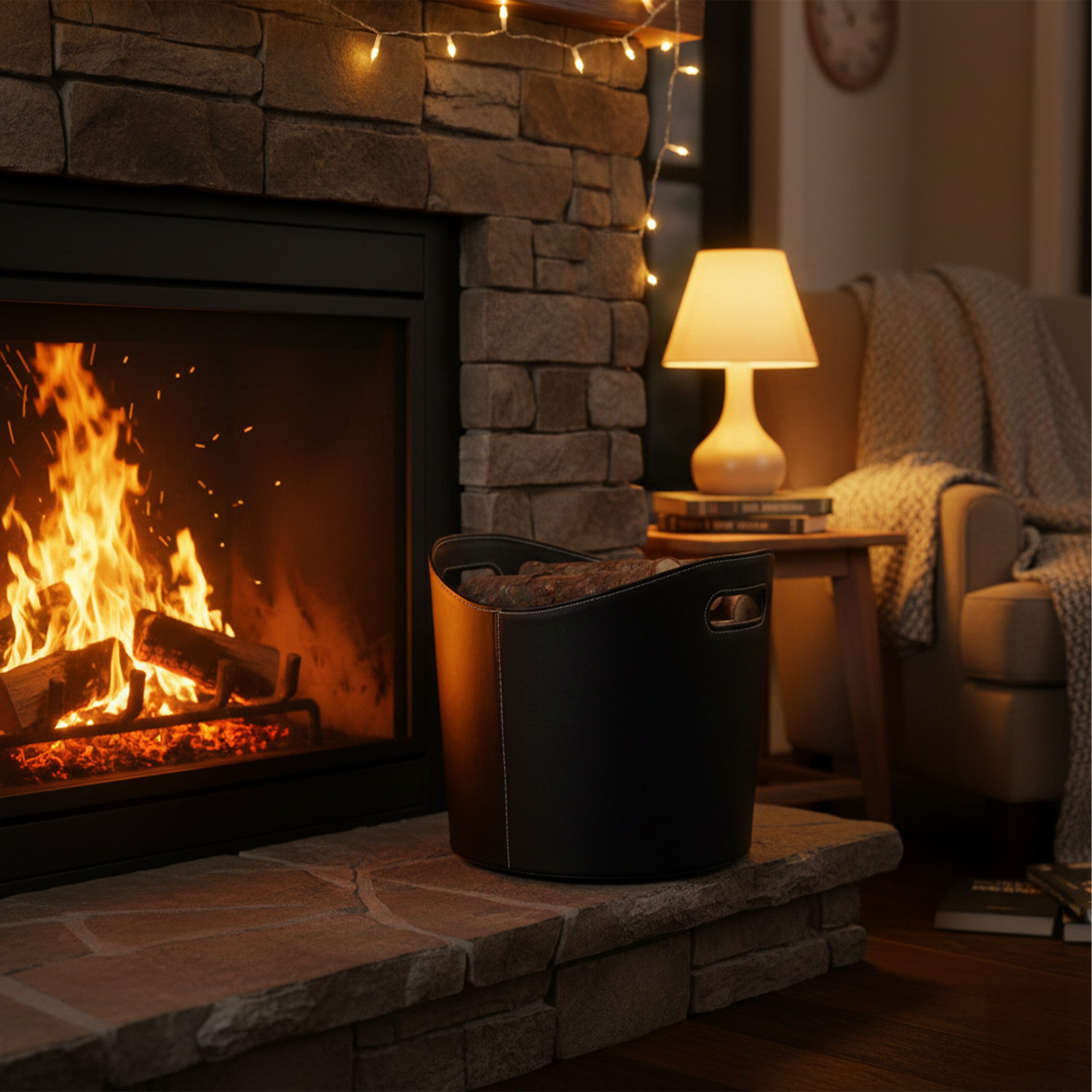 relaxdays Kaminholzkorb Kunstleder schwarz, L