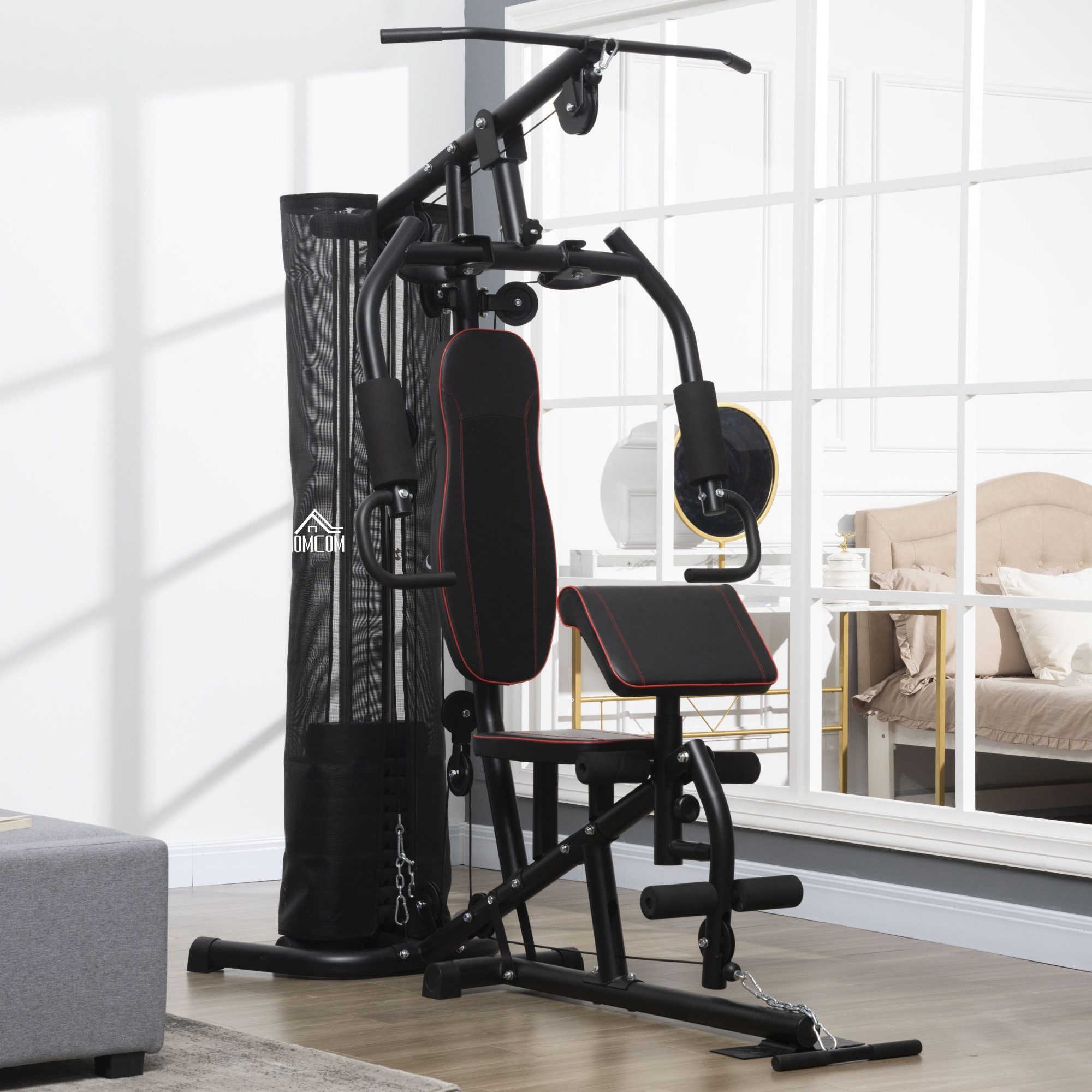HOMCOM Kraftstation mit Latzug- & Butterflystange, Hantelbank, 10 Gewichtsblöcke (Multifunktionale Fitnessstation, 1-tlg., Fitnessgerät), mit 45 kg Gewichtsblöcken für Zuhause, Schwarz