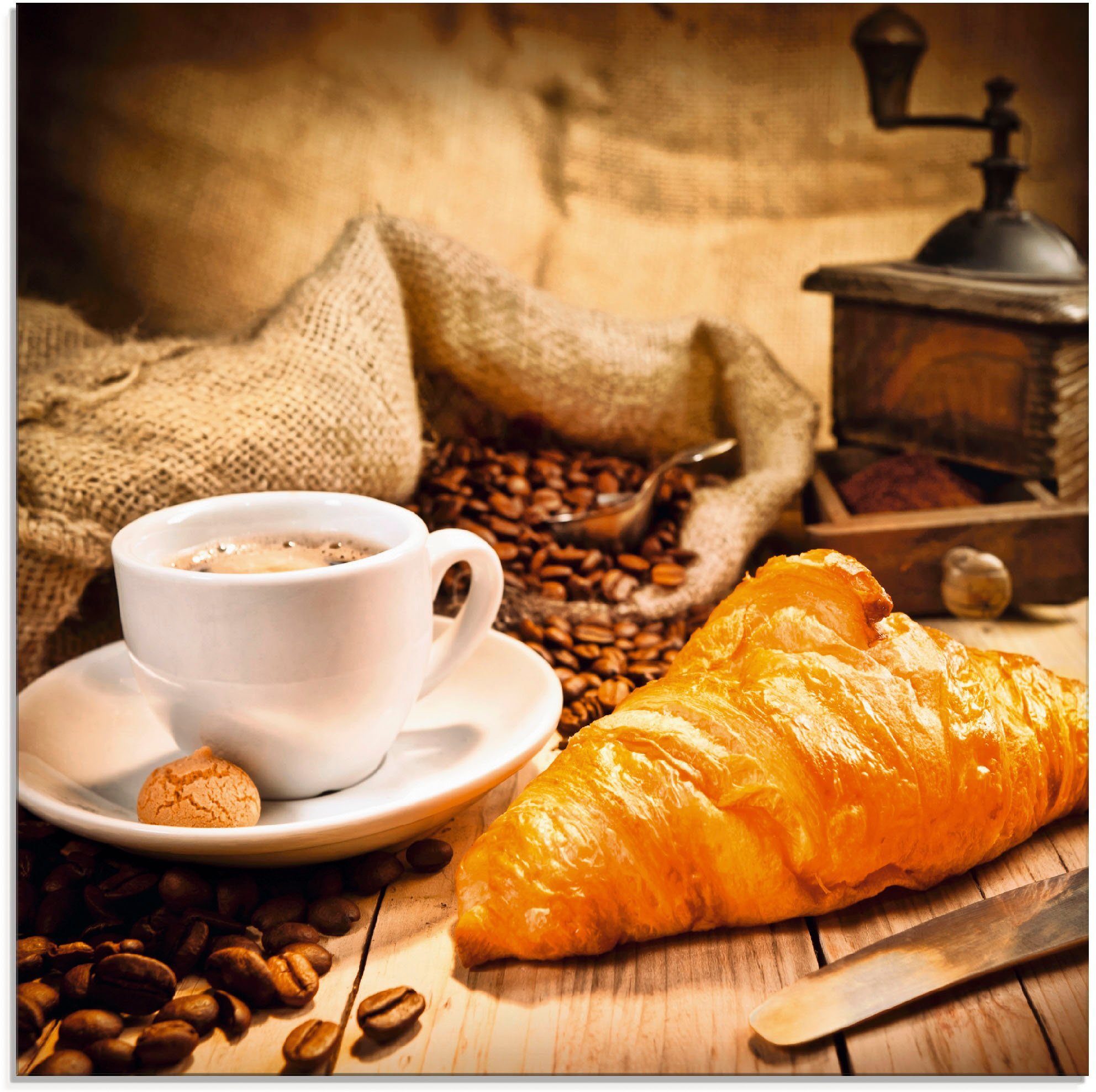 Glasbild Kaffeetasse mit Croissant