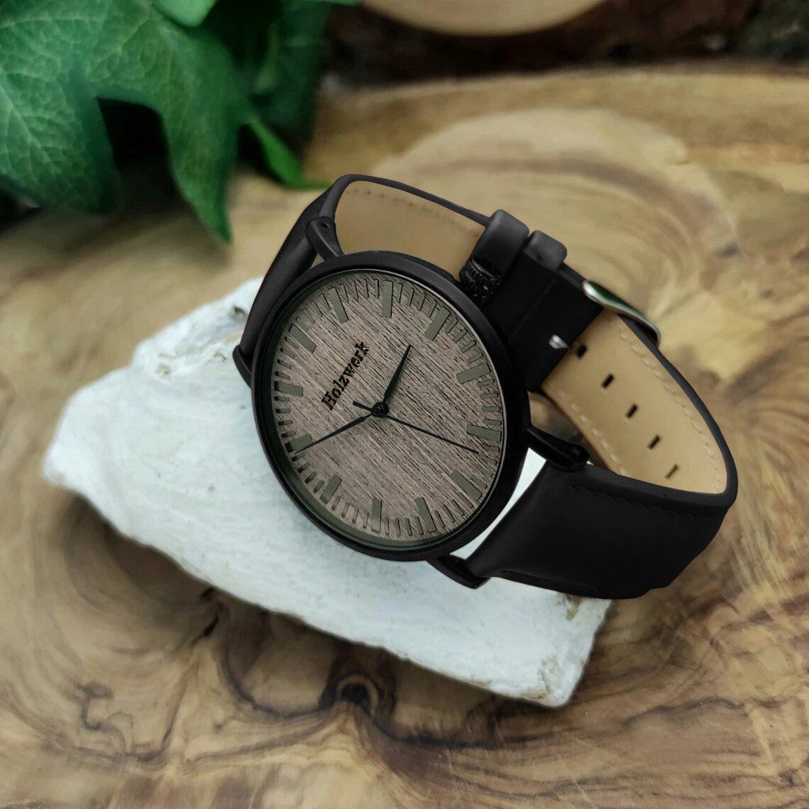 Holzwerk Quarzuhr Designer Edelstahl & Holz Uhr mit Leder Armband, Holz Uni günstig online kaufen