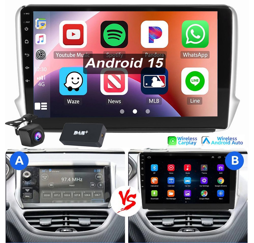 ESSGOO 10.1" Für Peugeot 208/2008 2012-2018 Autoradio Android 15 Autoradio (RDS, Digitalradio (DAB), FM, AM, Apple Carplay Android Auto NAVI SWC BT EQ)