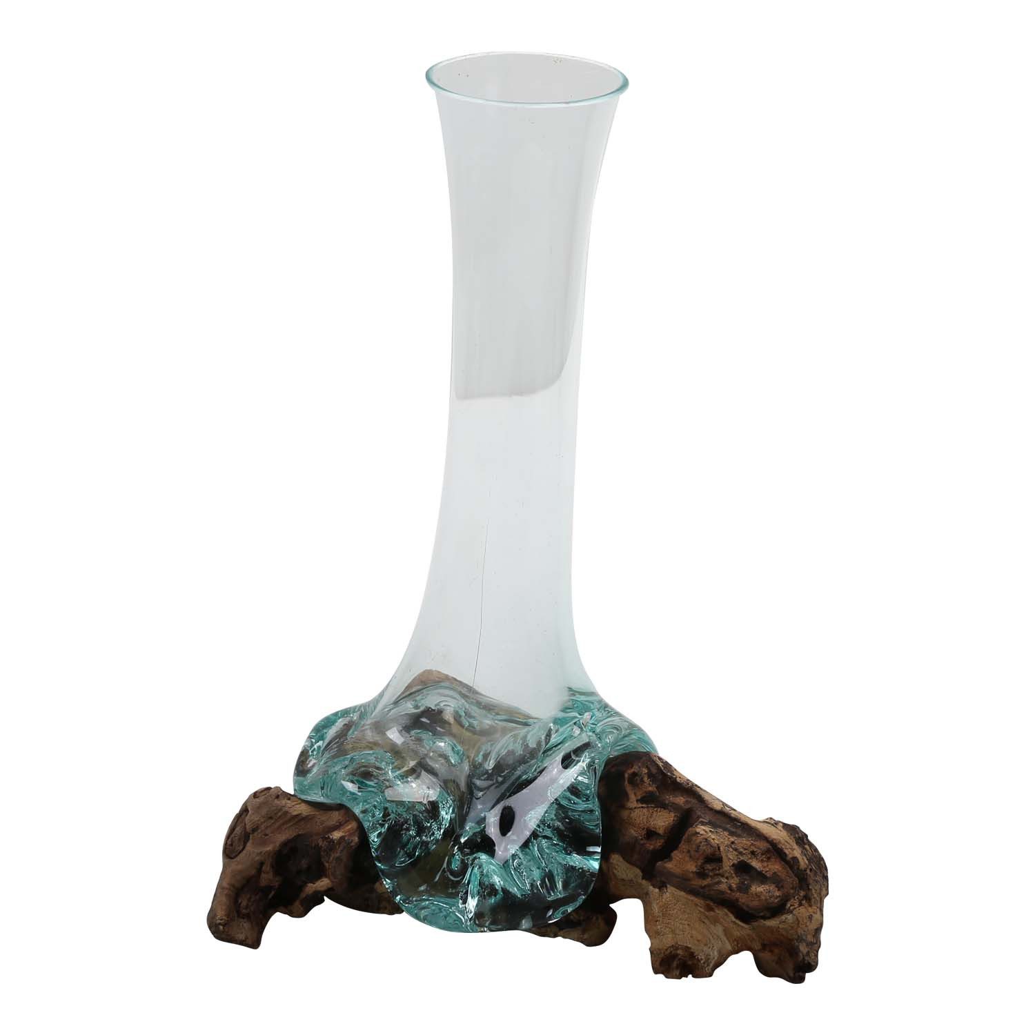 Casa Moro Dekovase Glasvase auf Wurzelholz – 25 cm hoch – Vase aus Glas auf Holz, Geschenk Idee für Ostern Muttertag Geburtstag