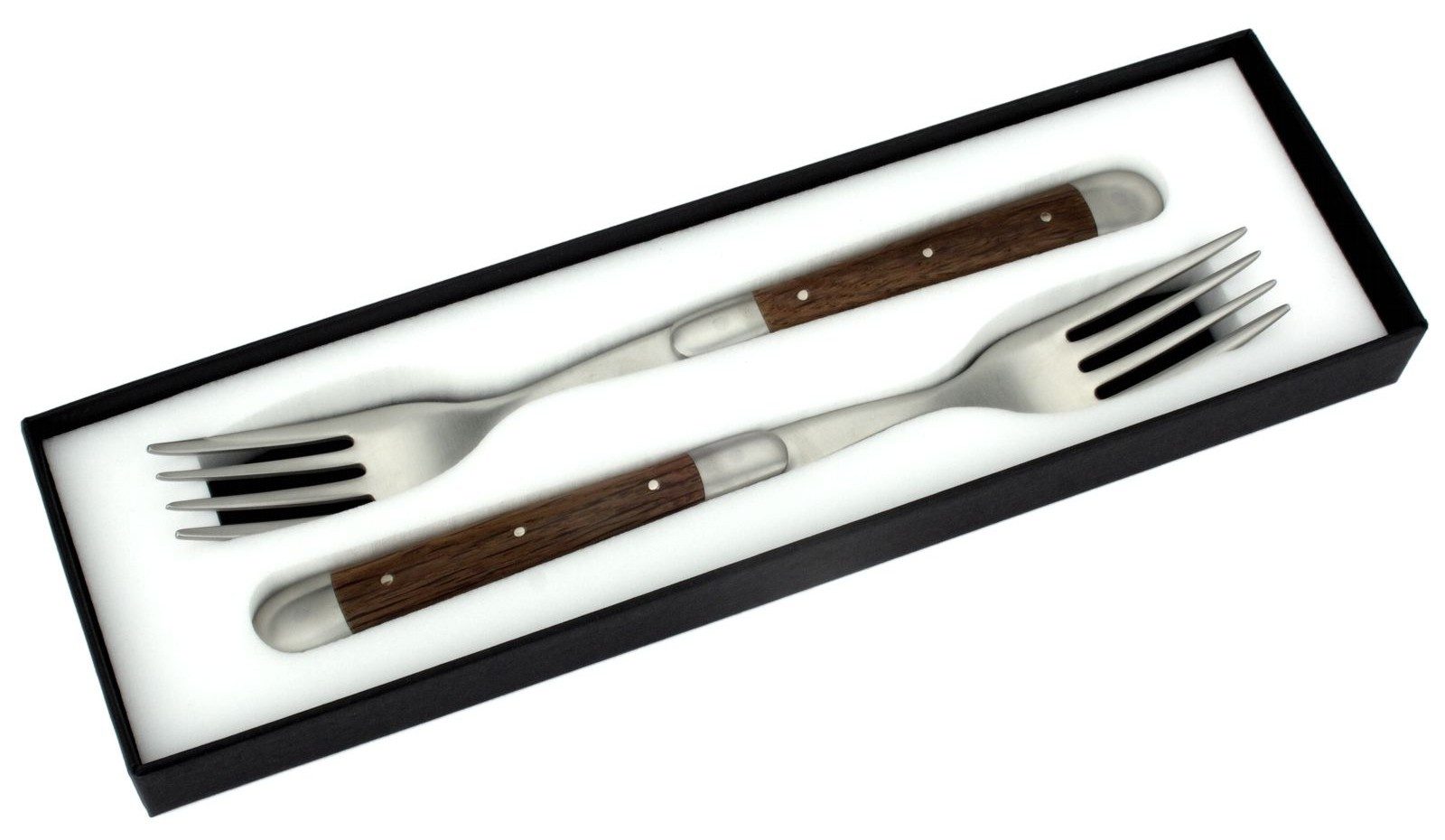 Forge de Laguiole Steakbesteck FE2 2M IN CHFC SAT, 2 Gabeln - Griff fossile Mooreiche - Gabelteil Stahl satiniert