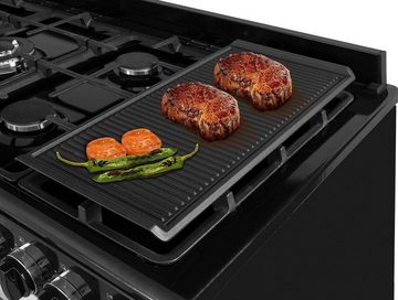 Simfer Grillplattenaufsatz Grillplatte, für 60 cm Gaskochfelder, Kohlegrill, Elektrogrill, Gusseisen, (1-St), gerippt, Topfträger-Klammern, Grillzubehör, 47 x 23 cm, Schwarz