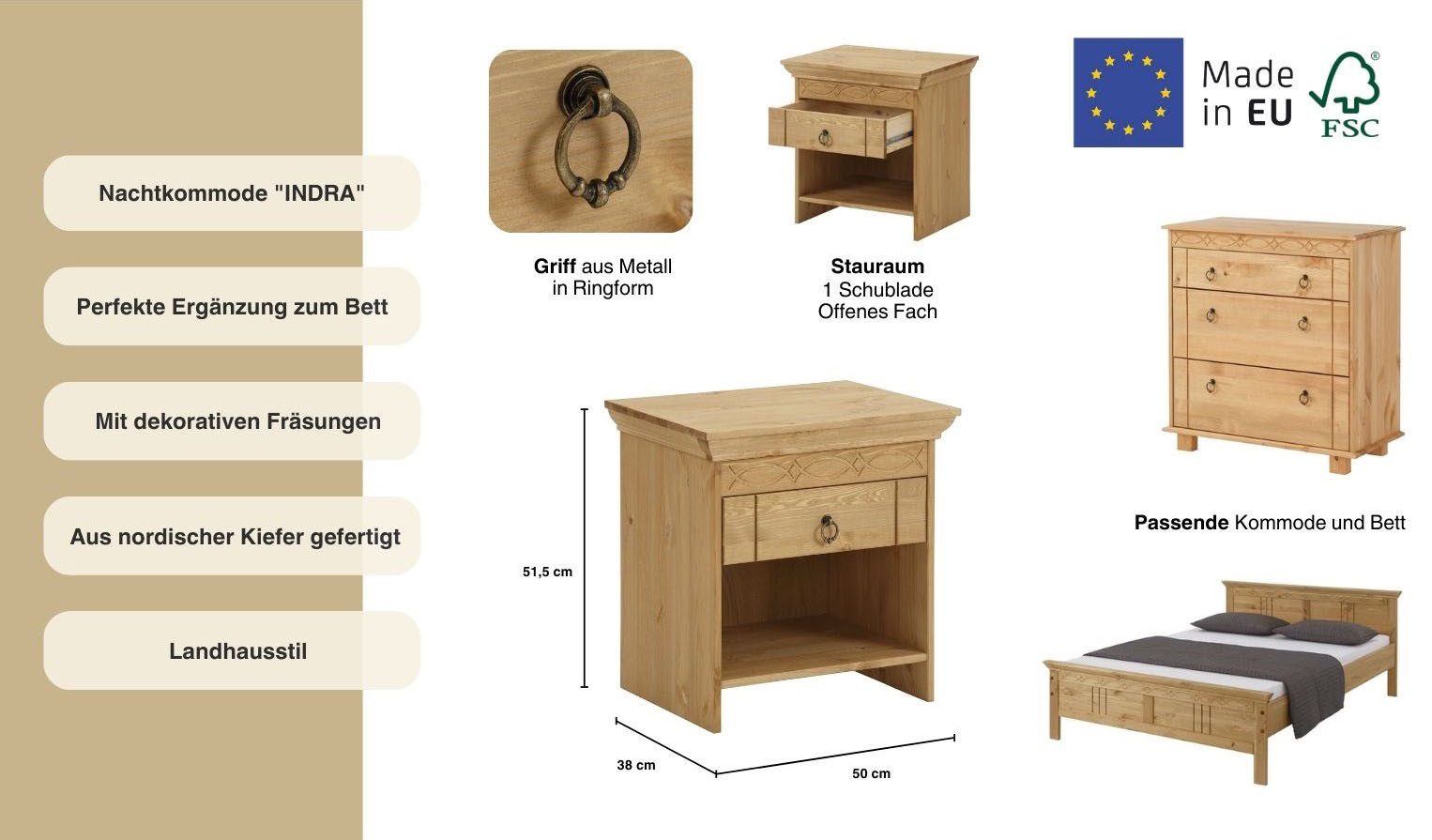 OTTO home Nachtkommode Indra, Nachttisch mit dekorativen Fräsungen, Breite: 50 cm