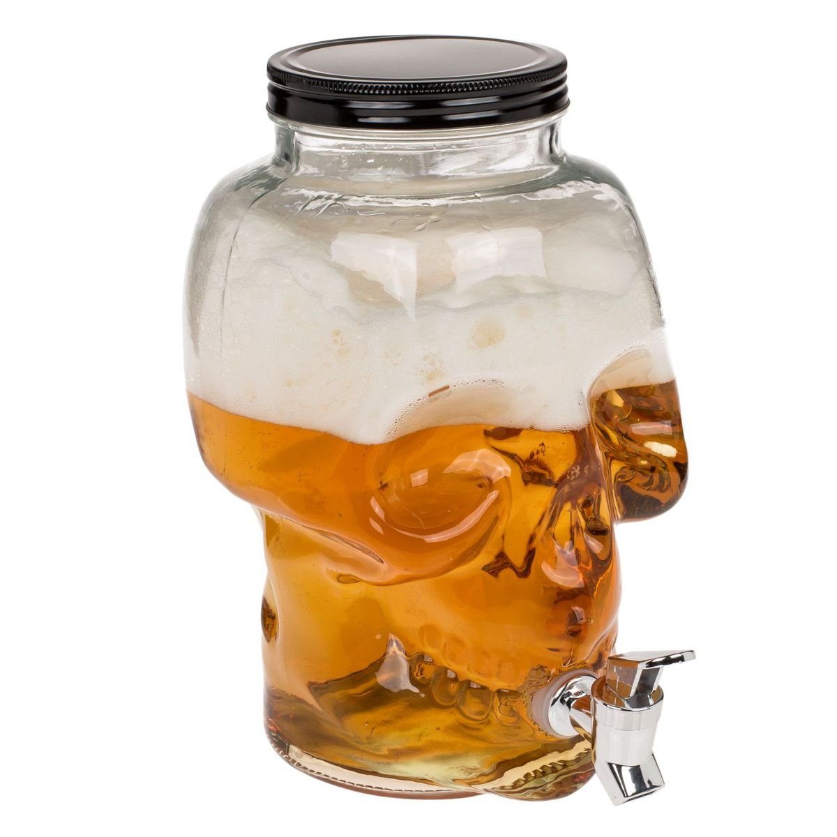 Getränkespender Totenkopf aus Glas mit Deckel 4 L Getränkespender mit Zapfhahn