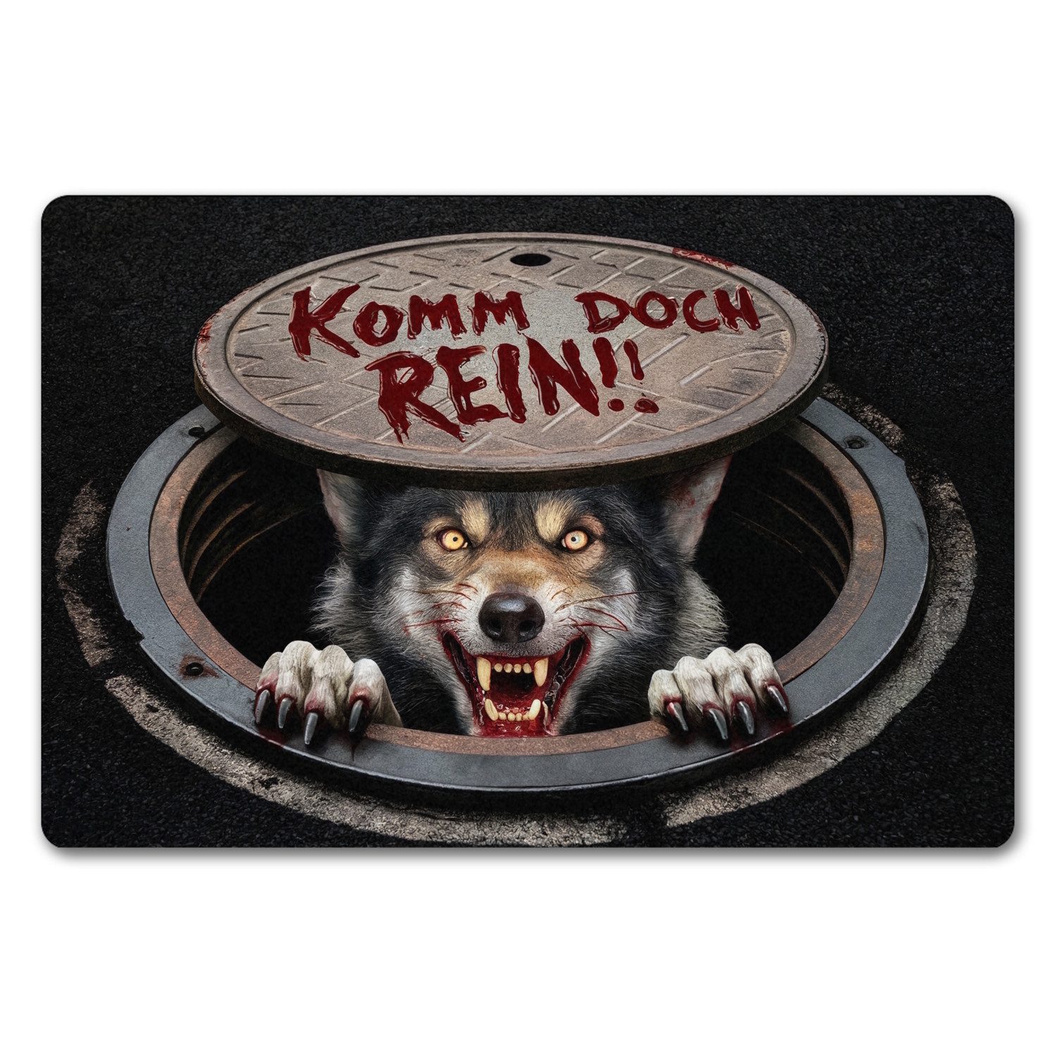 speecheese Fußmatte Werwolf unter Kanaldeckel Fußmatte in 40x60 cm ohne Rand Komm doch