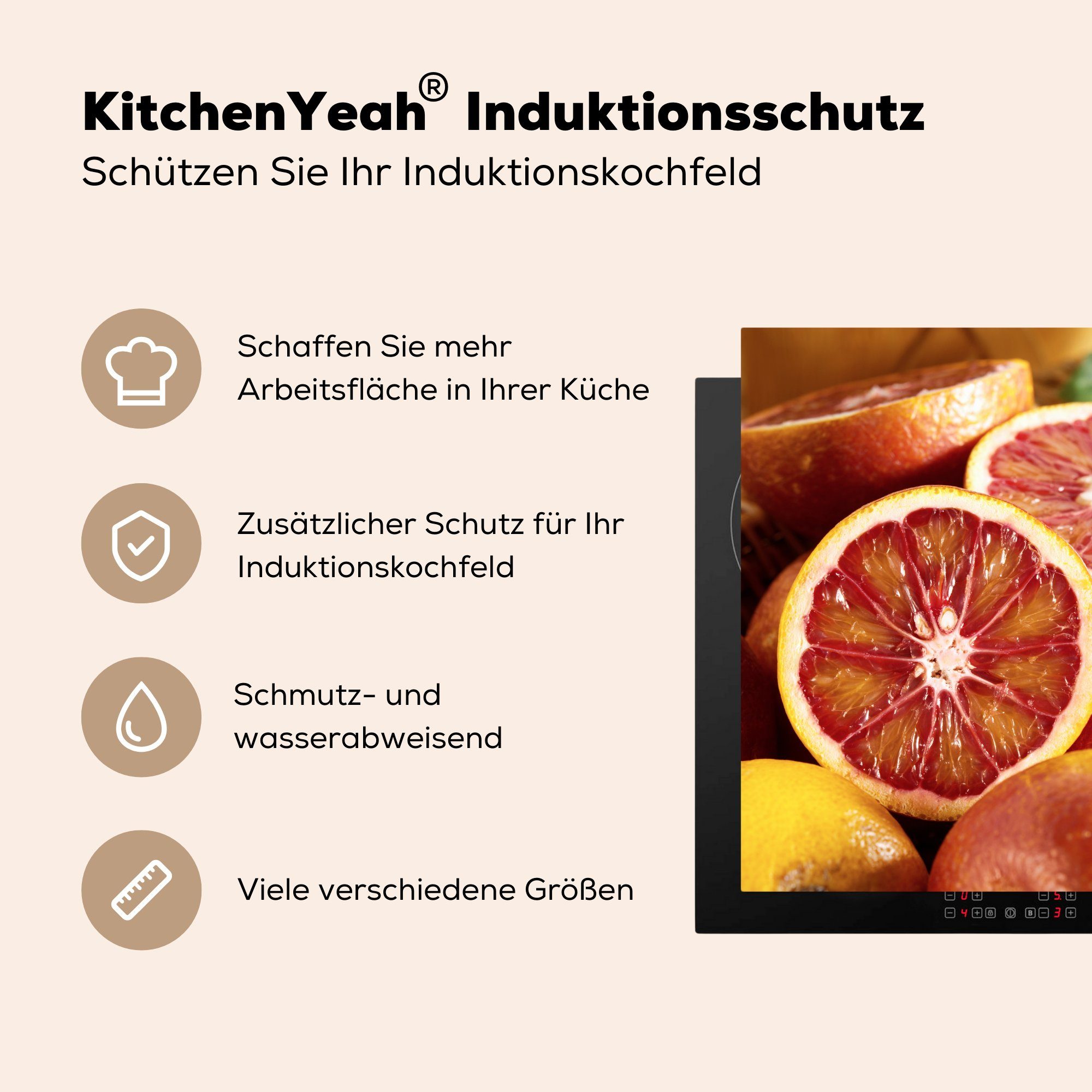 - Arbeitsplatte Obst Vinyl, 78x78 Orange, MuchoWow küche Ceranfeldabdeckung, für tlg), Zitrusfrüchte - Herdblende-/Abdeckplatte (1 cm,