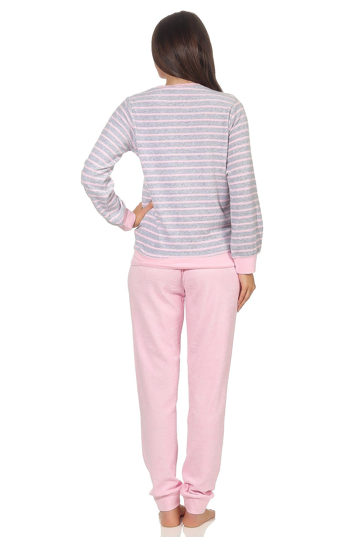 Streifenoptik langarm Normann Damen Pyjama mit Pyjama in Frottee grau-melange Bündchen