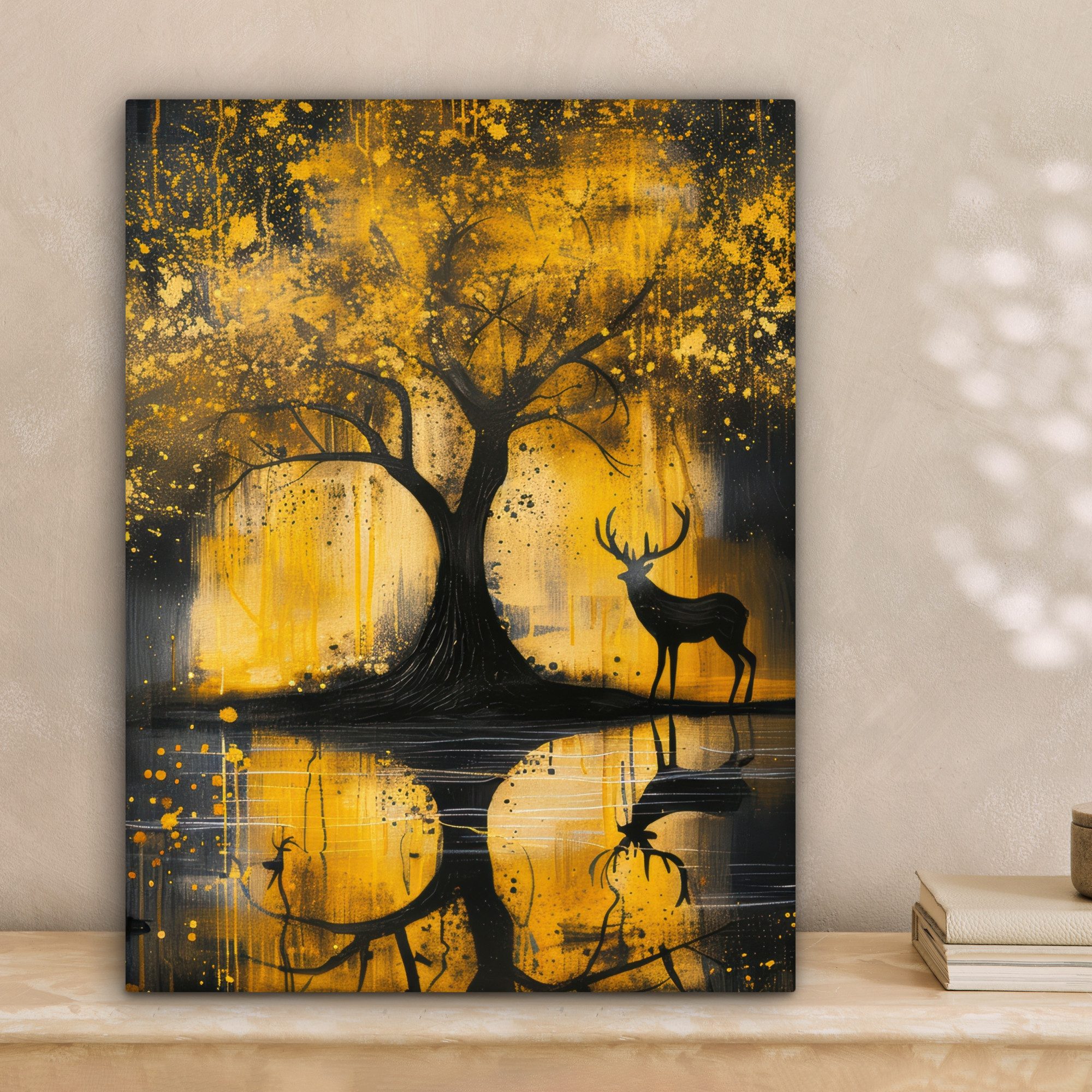 OneMillionCanvasses® Leinwandbild Baum - Farboptik - Hirsch - Natur - Gold, Fotodruck (1 St), Leinwand Bilder für Wohnzimmer Schlafzimmer 30x40 cm