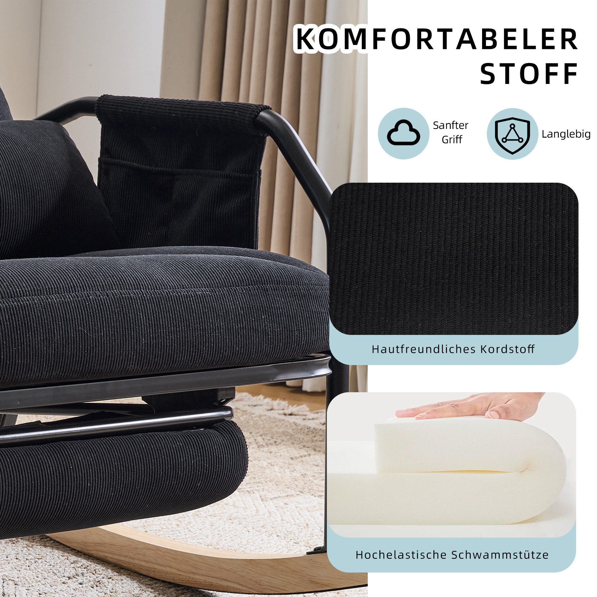 Leawin Schaukelstuhl Wohnzimmer mit Hocker & gepolstertem Kissen Cord, Großer Relax Schaukelstuhl mit Liegefunktion Cord