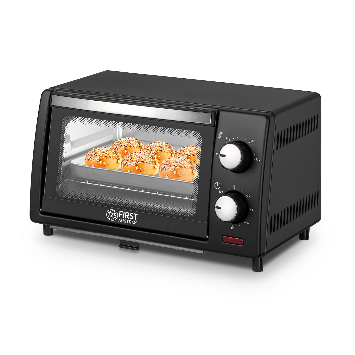 TZS FIRST AUSTRIA Minibackofen 10L 800W, stufenlose Temperaturregelung bis 230°C, 60 Min Timer, 2 Einschubhöhen, Doppelglastür, Grillrost