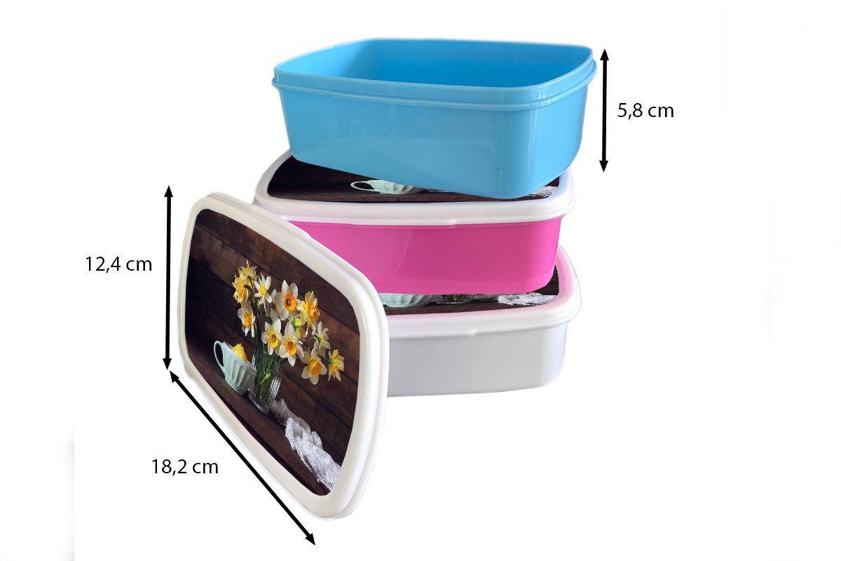 - Brotbox Lunchbox MuchoWow Kunststoff, (2-tlg), - Kinder Jungs Mädchen Narzissen für Erwachsene, und für Stilleben, Teetasse Brotdose, weiß und