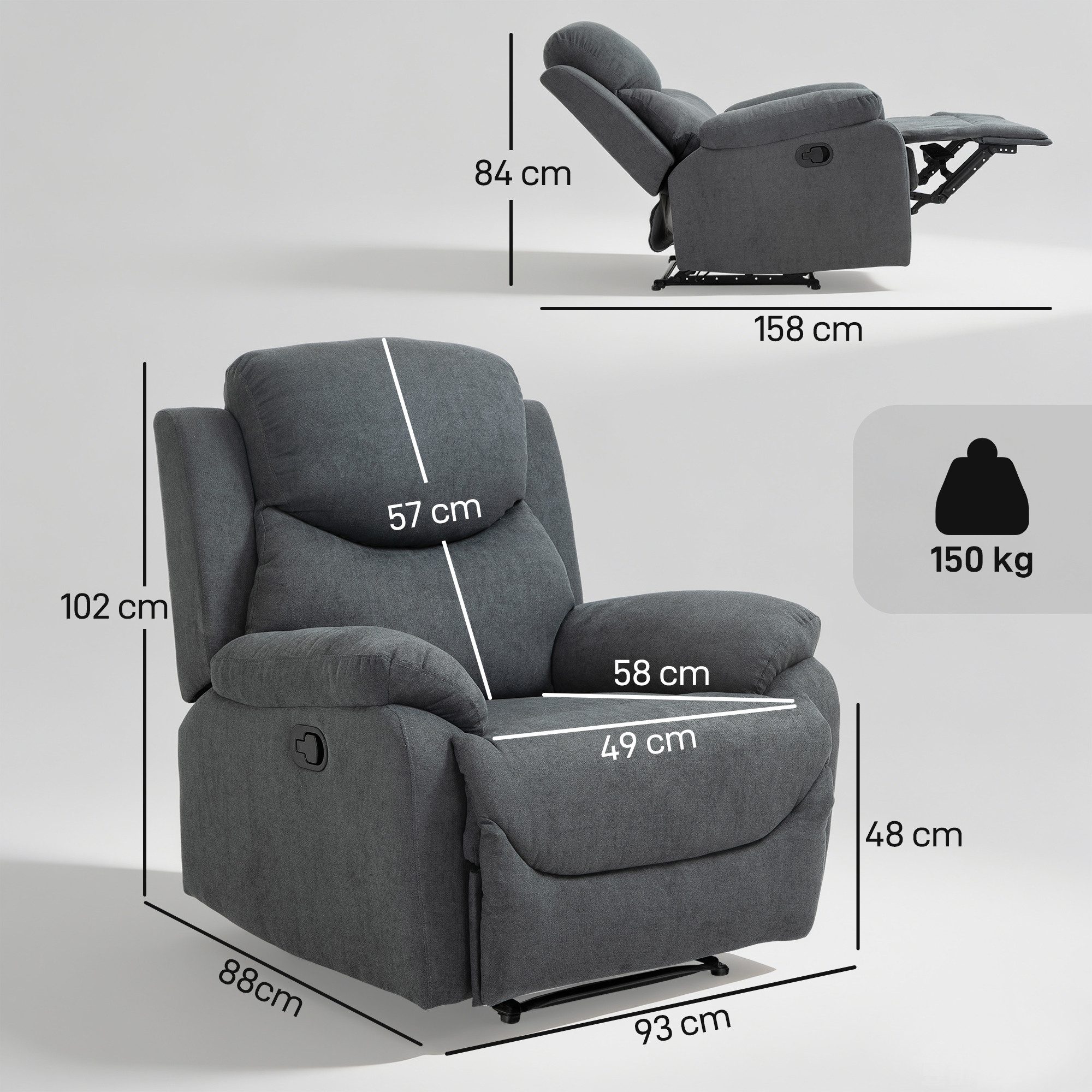 HOMCOM Relaxsessel Liegesessel Sessel mit Verstellbarer Rückenlehne, Leinen-Optik (Ruhesessel, 1-St., Fernsehsessel), für Wohnzimmer, Dunkelgrau