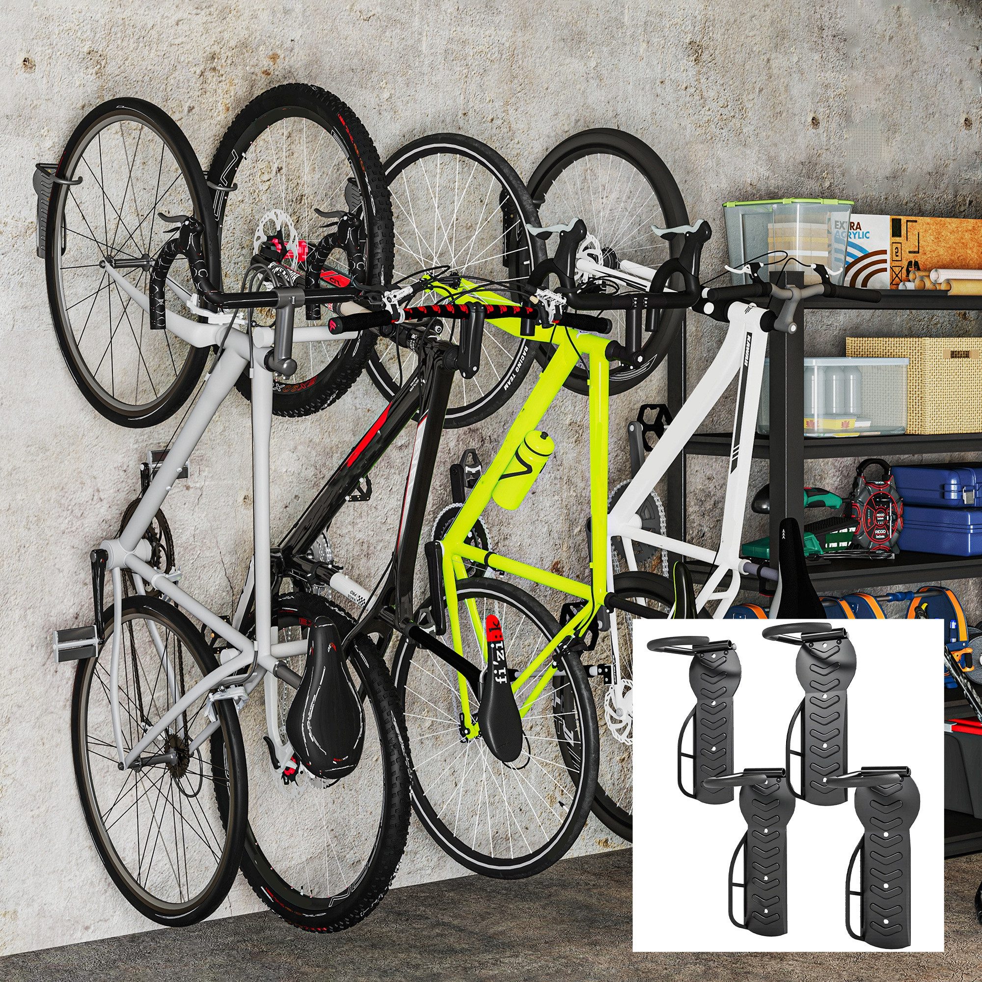 SPORTNOW Fahrrad-Gepäckträger 4er Set, Vertikal, mit 30 kg Tragkraft, für 4 Fahrräder (klappbar Fahrradhalterung Wand, 4-St., Fahrradständer), für Rennrad, MTB, E-Bike, für Garage, Haus, Schwarz