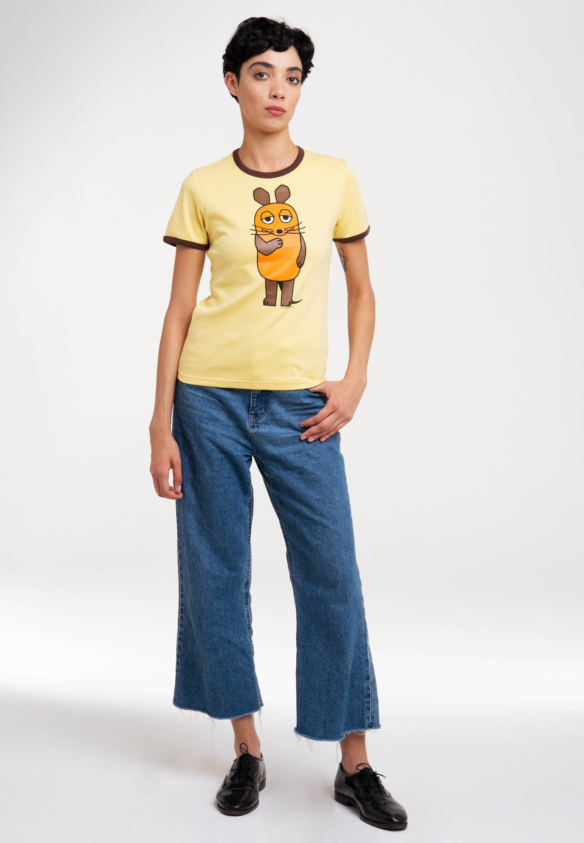 mit Maus Die gelb-braun - Sendung der lizenziertem T-Shirt mit Print Die Maus LOGOSHIRT